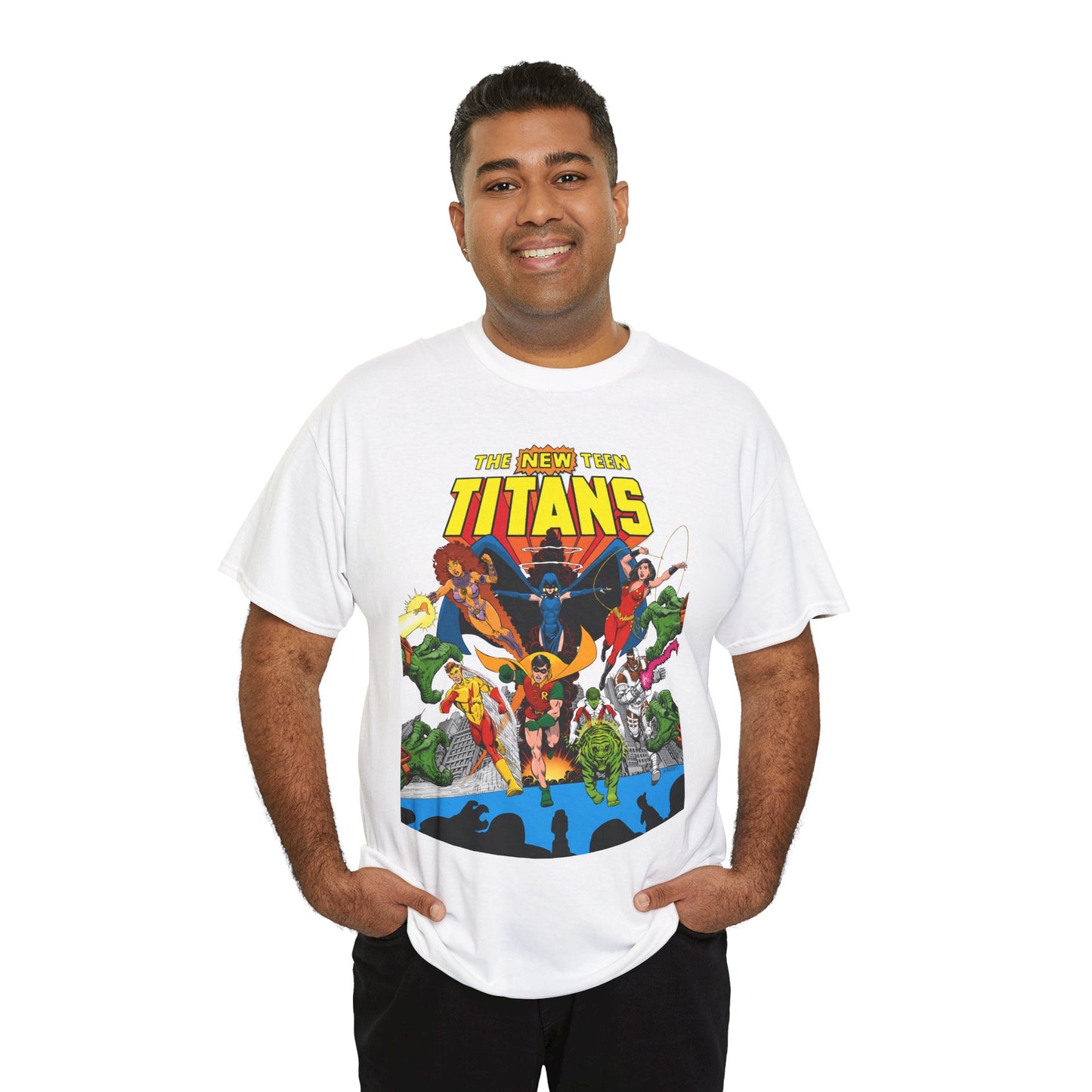 New Teen Titans T-Shirt - George Perez Art - Robin, Wonder Girl, Kid Flash, Changeling, Starfire, Cyborg, Raven - DC Comics - Classic 1980s Series