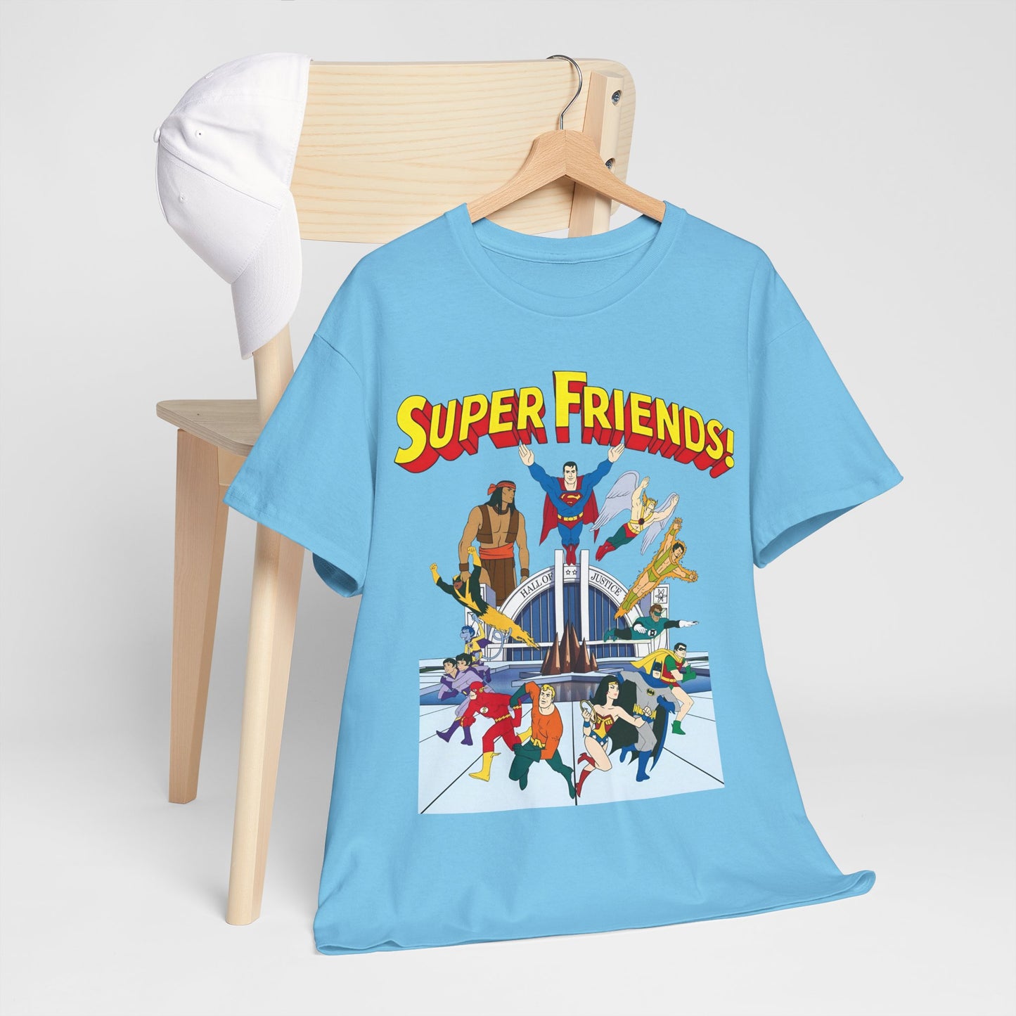 Super Friends T-Shirt - DC Hanna-Barbera - Superman, Wonder Woman, Black Vulcan, Batman, The Wonder Twins, Apache Chief, Hall of Justice