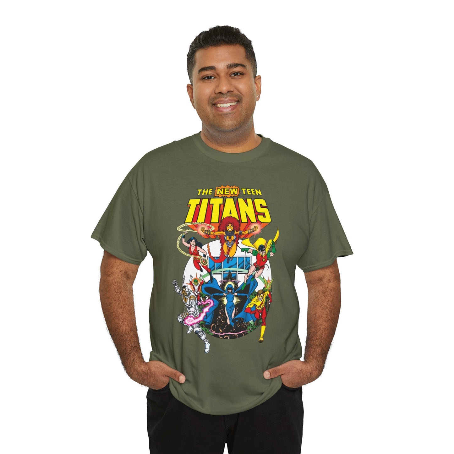 New Teen Titans T-Shirt - Classic George Perez Art - Cyborg, Raven, Starfire, Robin, Wonder Girl, Changeling, Kid Flash - Titans Tower - Popular DC Comics 1980s Series