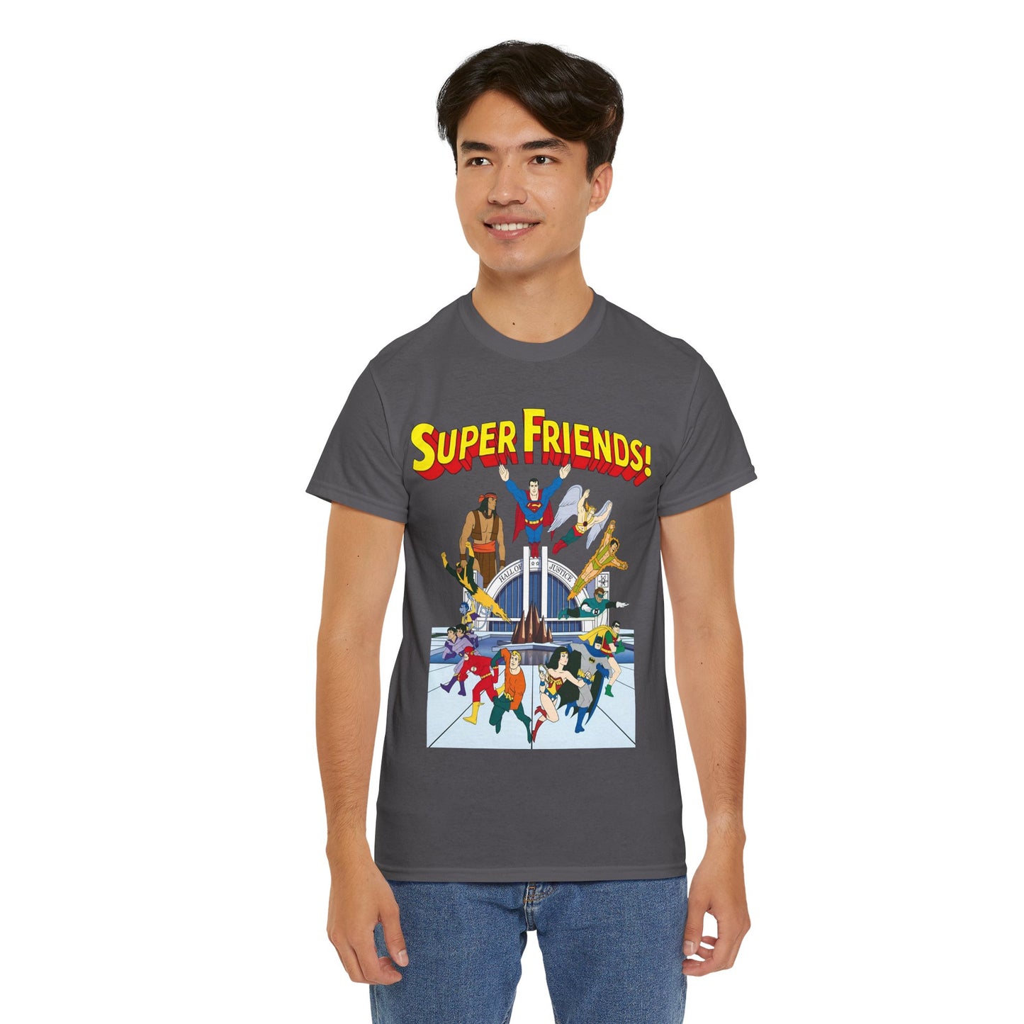 Super Friends T-Shirt - DC Hanna-Barbera - Superman, Wonder Woman, Black Vulcan, Batman, The Wonder Twins, Apache Chief, Hall of Justice