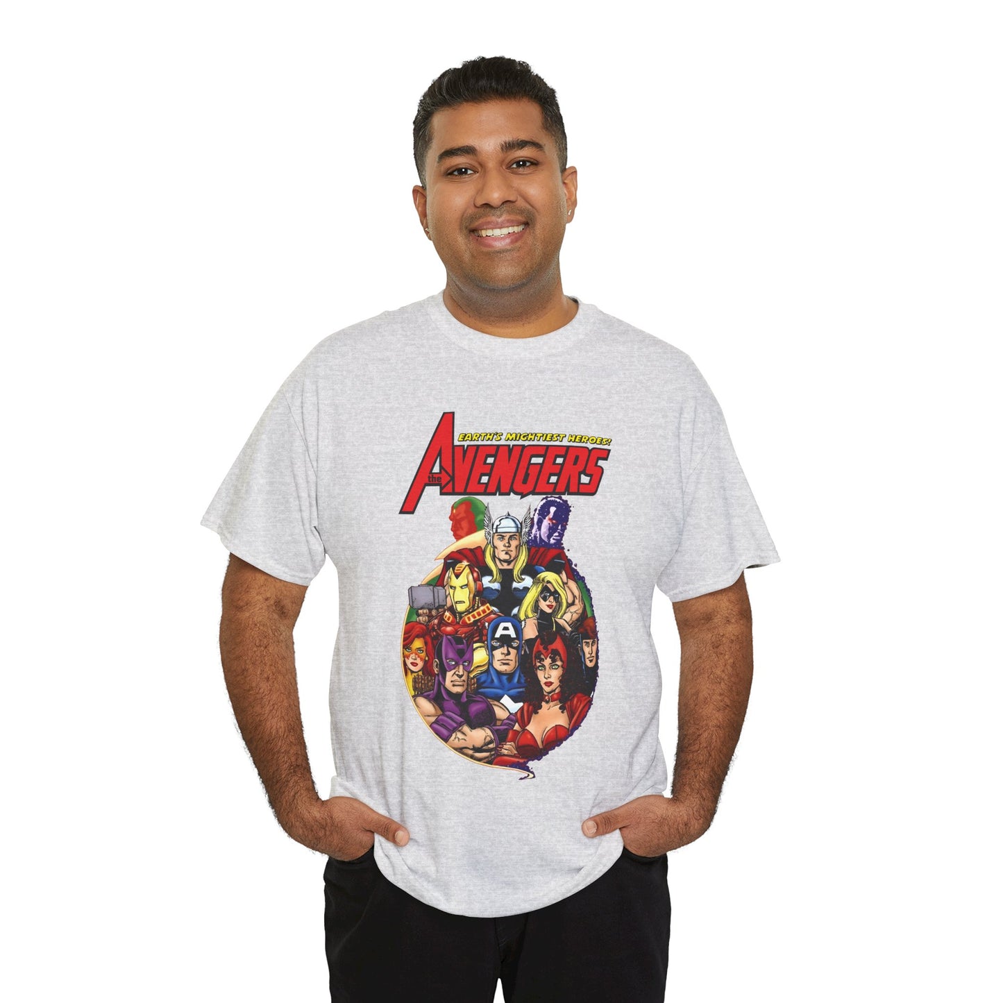 Avengers T-Shirt - George Perez Art - Captain America, Vision, Wonder Man, Iron Man, Thor, Hawkeye, Scarlet Witch - Popular Marvel Comics Characters