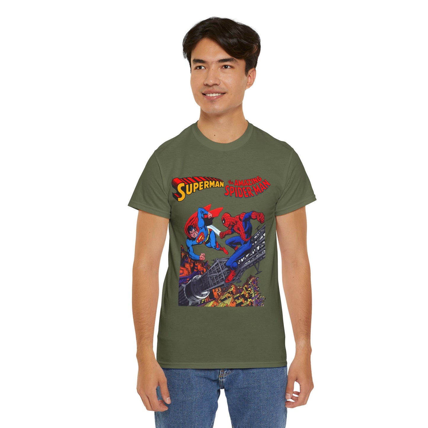 Superman & Amazing Spider-Man T-Shirt - DC/Marvel Comics Crossover - 1970s - Clark Kent & Peter Parker