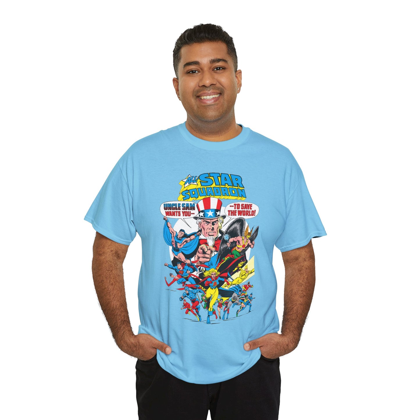 All-Star Squadron T-Shirt - Jerry Ordway Art - Uncle Sam, Hawkman, Superman, Liberty Belle, Black Condor, the Ray, Batman, Plastic Man - JSA Link - DC Comics