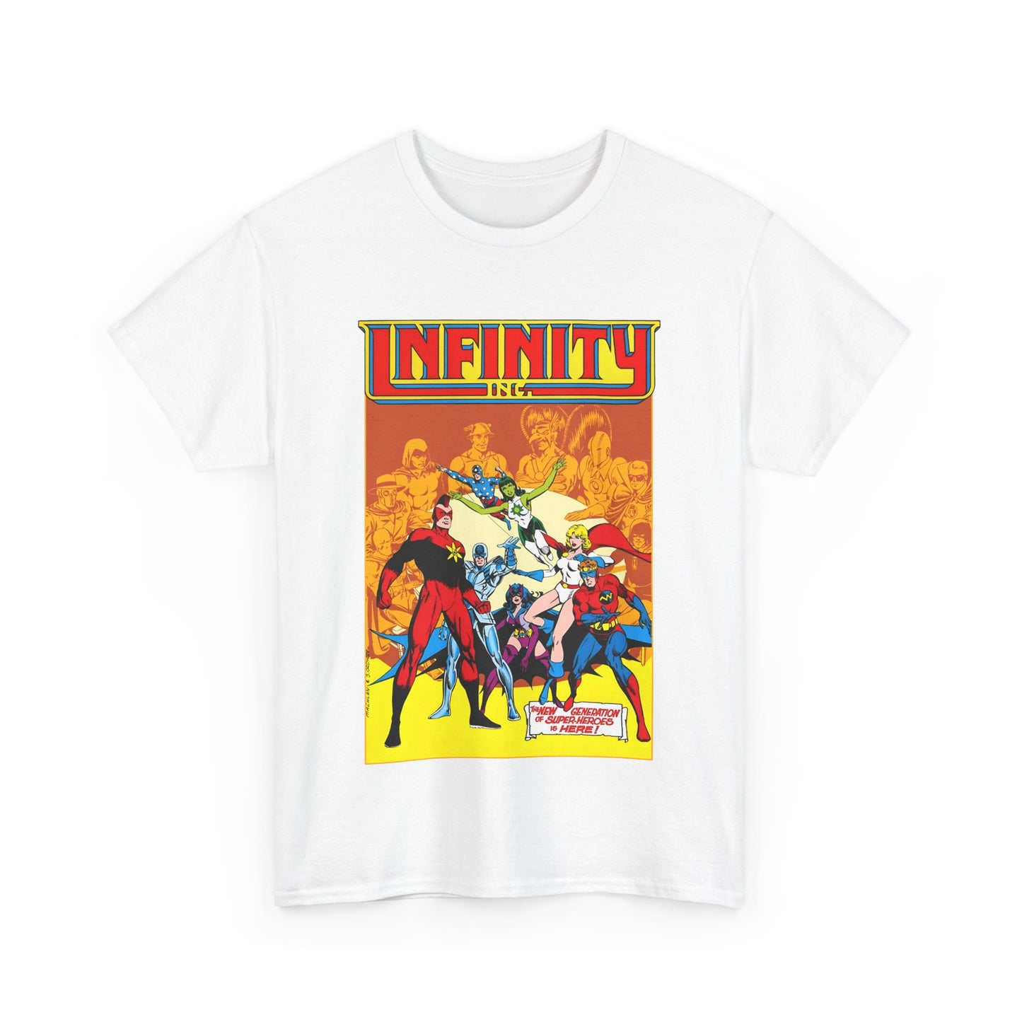 Infinity, Inc T-Shirt - Jerry Ordway Art - Silver Scarab, Huntress, Power Girl, Star-Spangled Kid, Fury, Jade - DC Comics - 1980s JSA Spin-Off Series