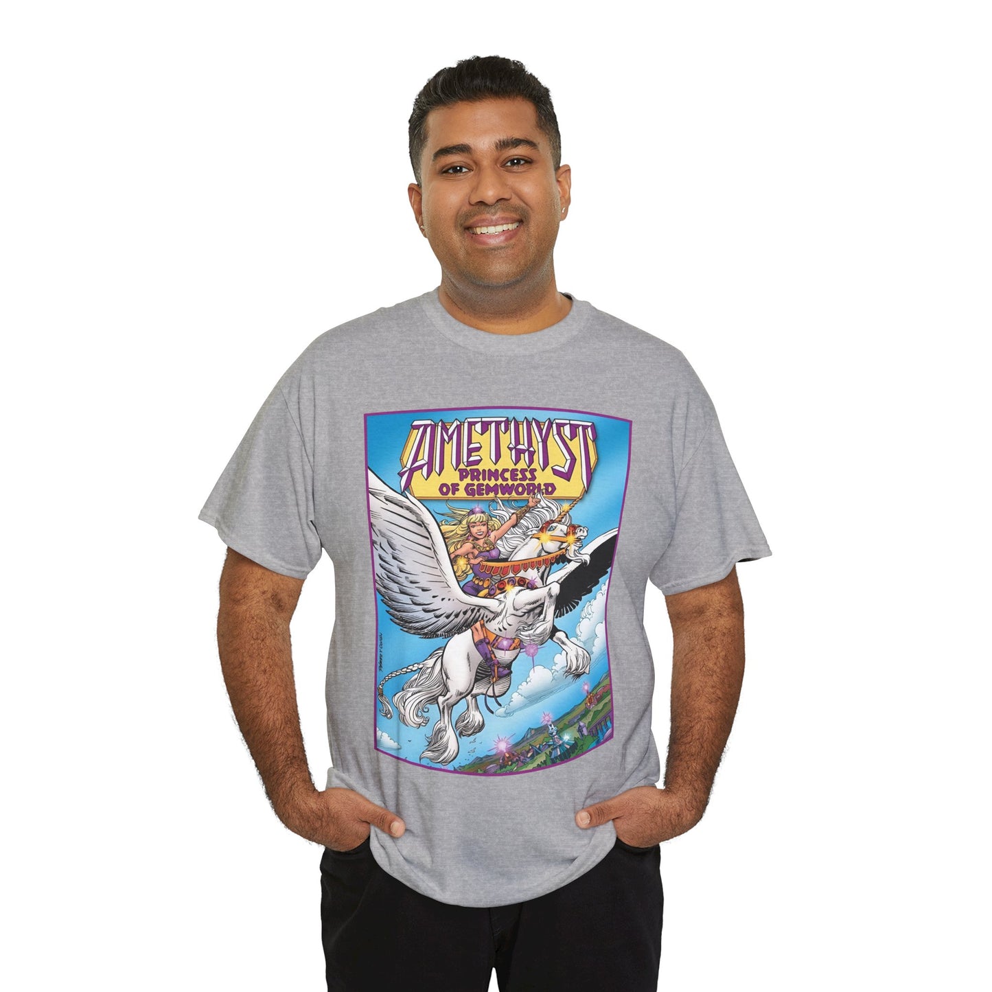 Amethyst Princess of Gemworld T-Shirt - George Perez Art - DC Comics 1980s Series - Riding a Unicorn
