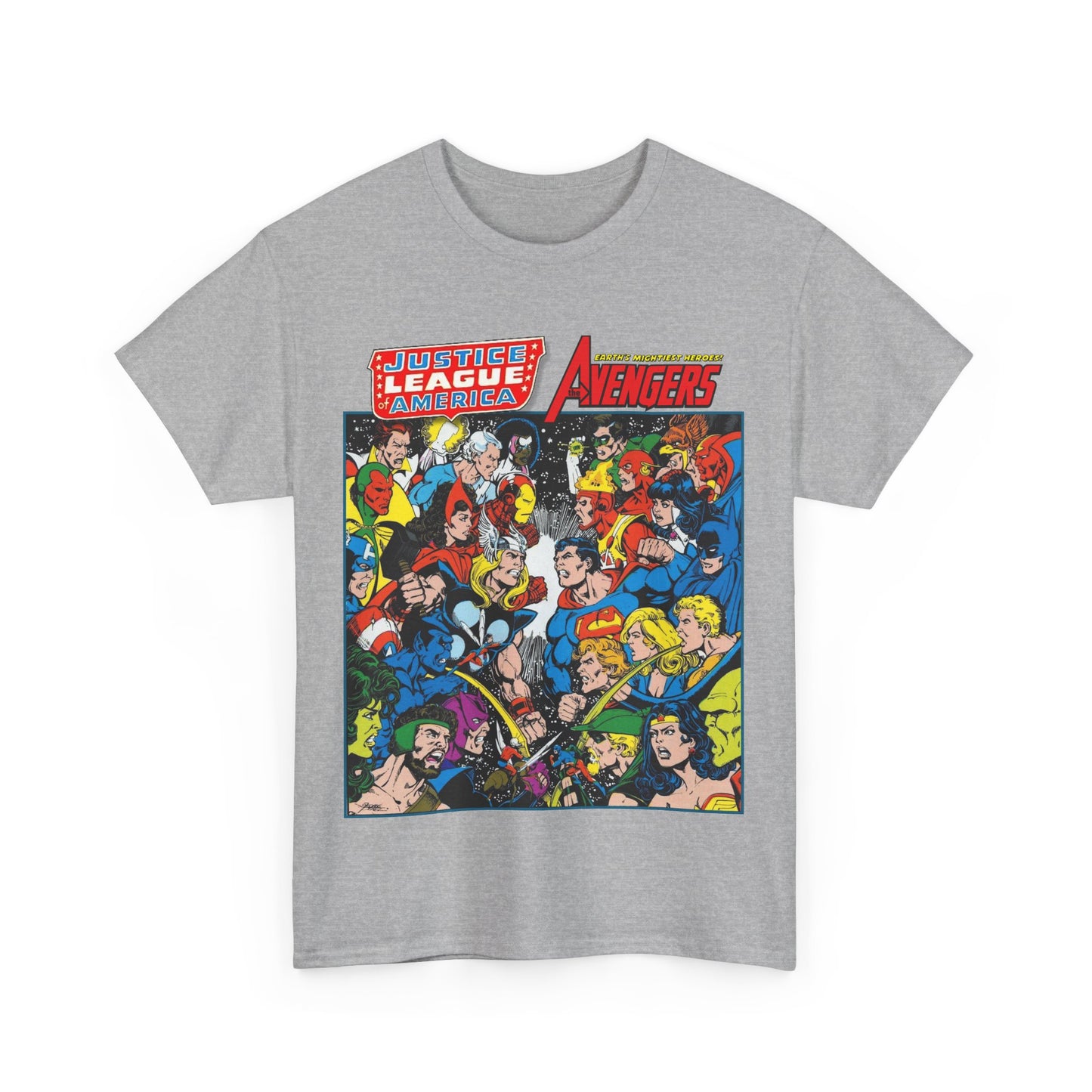 Justice League/Avengers T-Shirt - DC & Marvel Comics Art - George Perez - JLA - Batman, Captain America, Iron Man, Green Lantern
