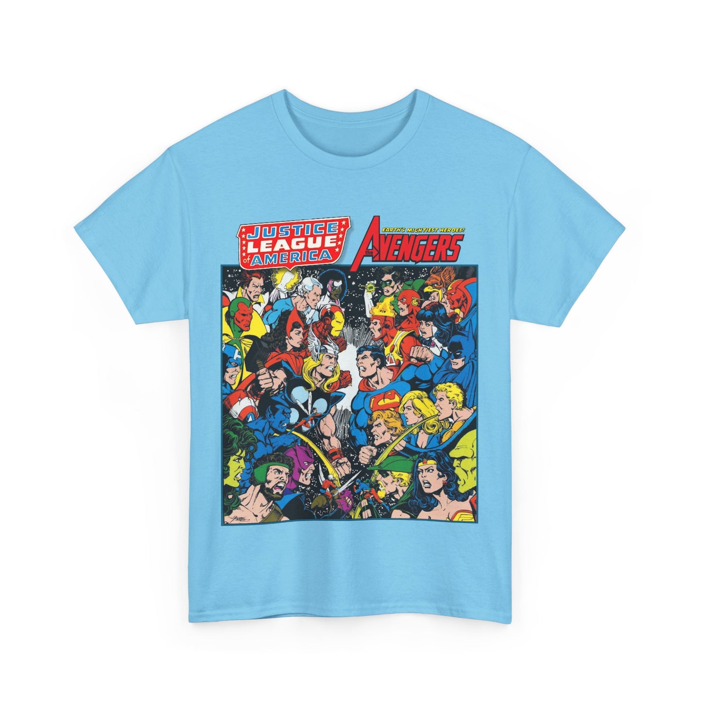 Justice League/Avengers T-Shirt - DC & Marvel Comics Art - George Perez - JLA - Batman, Captain America, Iron Man, Green Lantern