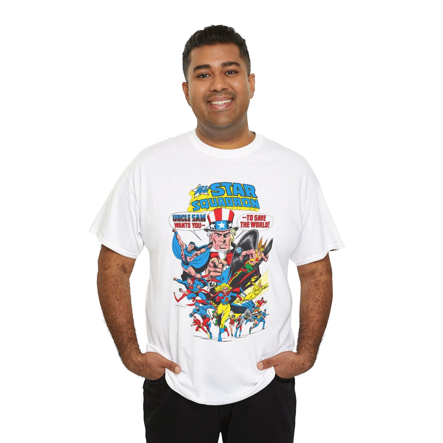 All-Star Squadron T-Shirt - Jerry Ordway Art - Uncle Sam, Hawkman, Superman, Liberty Belle, Black Condor, the Ray, Batman, Plastic Man - JSA Link - DC Comics