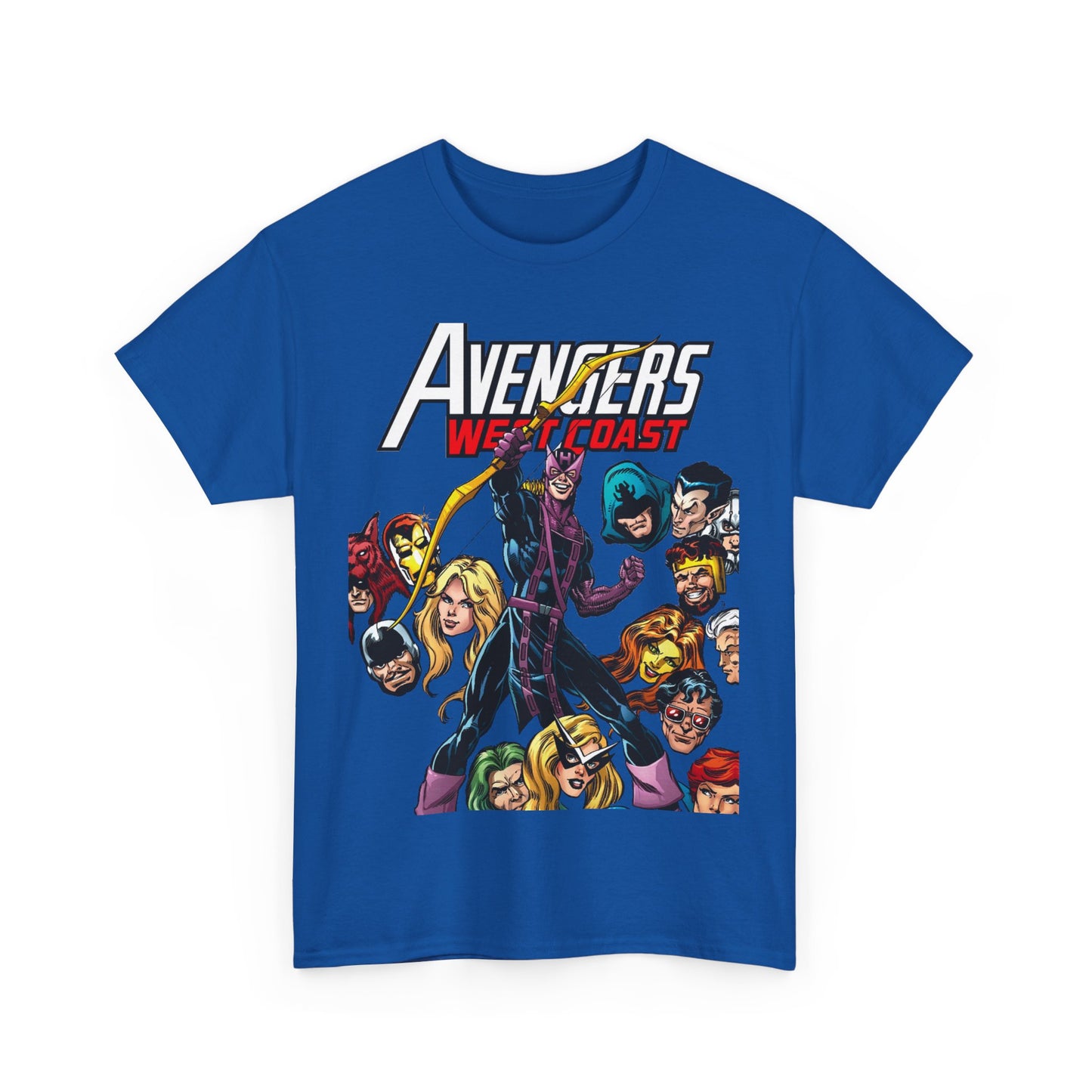 Avengers West Coast T-Shirt - Bob Hall Art - Hawkeye, Iron Man, Wonder Man, Tigra, Mockingbird - Marvel Comics Team