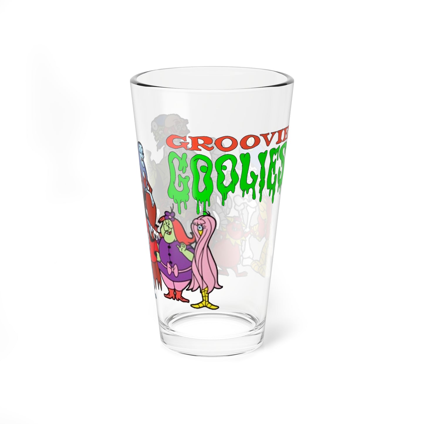Groovie Goolies Pint Glass, 16oz - The Monster Trio (Drac, Frankie, Wolfie) - Hagatha, Bella La Ghostly, Boneapart, Mummy - Horrible Hall on Horrible Drive - Filmation Cartoon