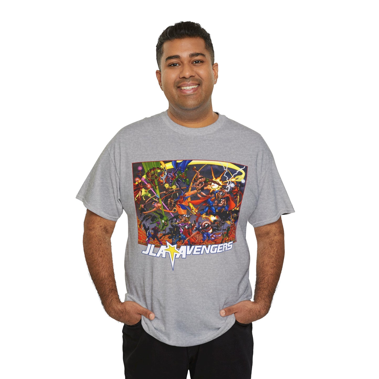 Avengers Vs JLA T-Shirt - Stunning George Perez Art - Marvel & DC Comics Crossover - Thor, Superman, Wonder Woman, Hercules, Iron Man, Batman, Black Canary, Scarlet Witch, Wonder Man, Martian Manhunter