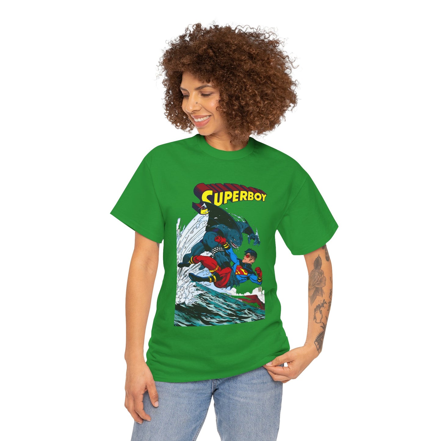 King Shark Vs Superboy T-Shirt - Tom Grummett Art - Connor Kent, Kon-L - Superman Family - DC Comics