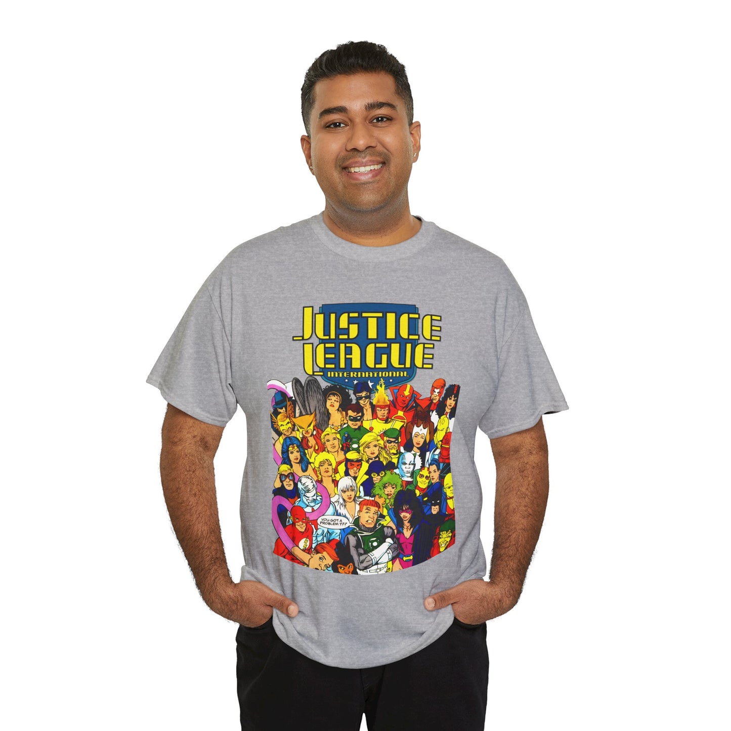 Justice League International T-Shirt - Kevin Maguire DC Comics Sourcebook Art - Booster Gold, Blue Beetle, Batman, Martian Manhunter, Captain Atom, Fire, Ice, Guy Gardner