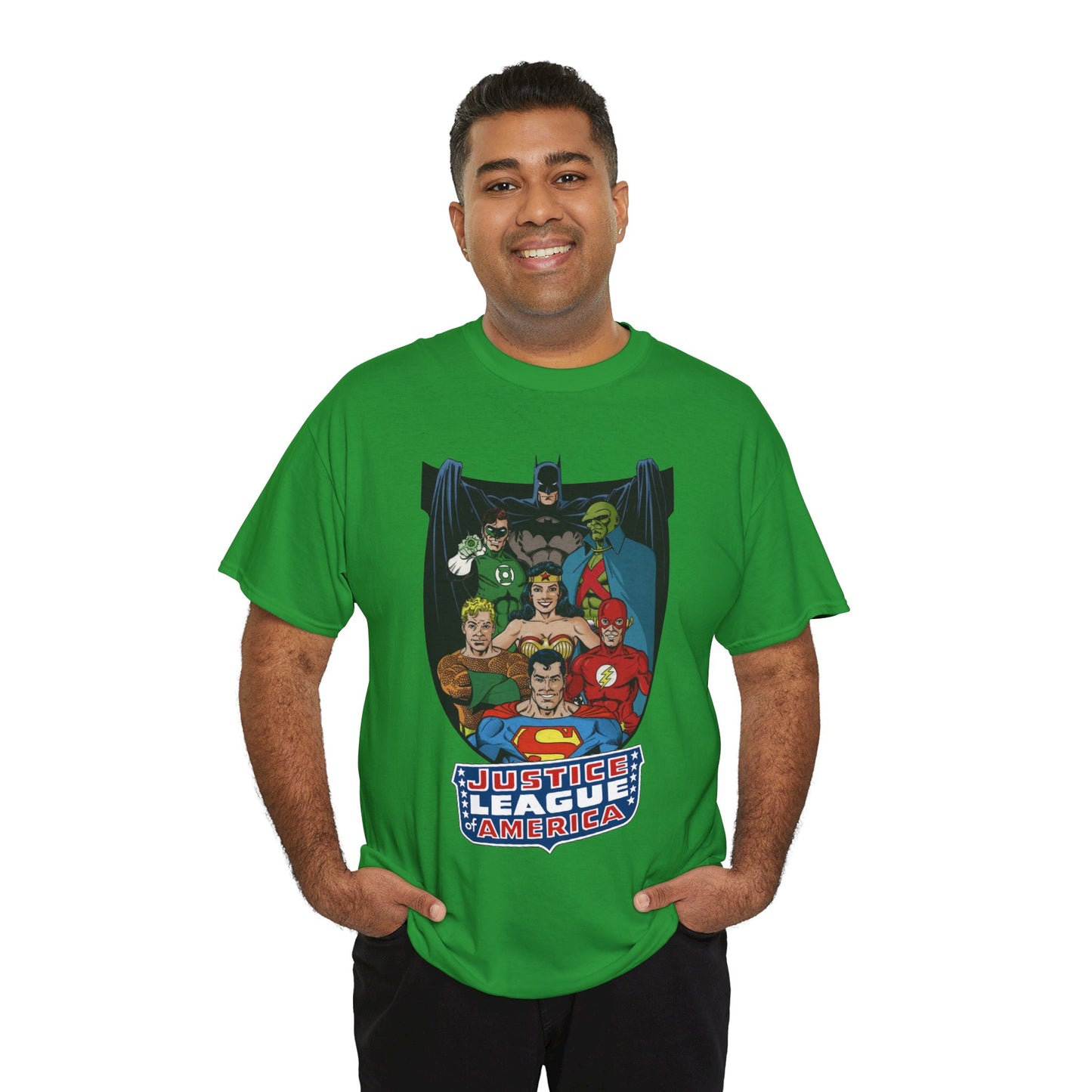 Justice League of America T-Shirt - George Perez Art - Superman, Wonder Woman, Batman, Aquaman, Martian Manhunter, Flash, Green Lantern - DC Comics
