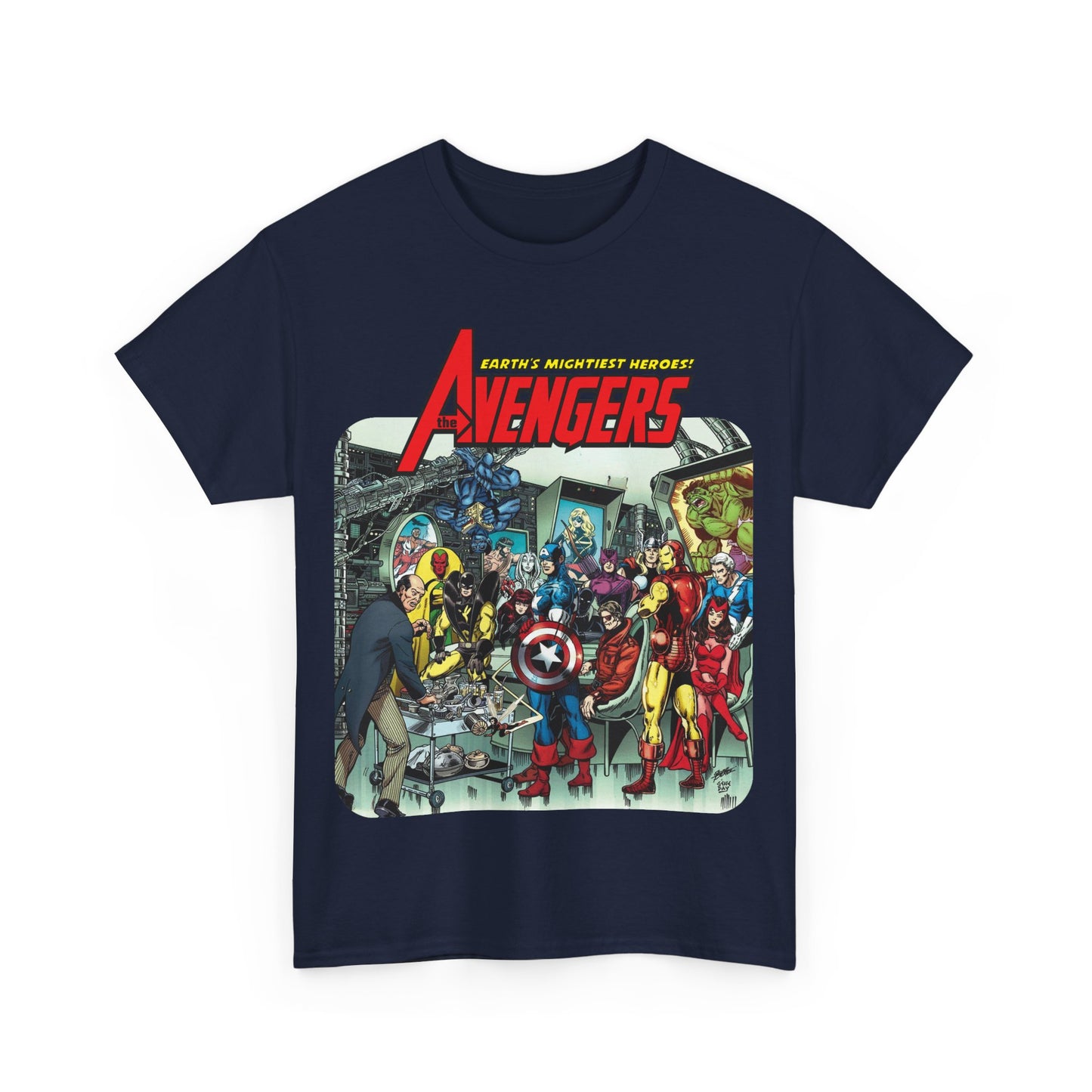 Classic Avengers T-Shirt - George Perez Art - Captain America, Hawkeye, Iron Man, Vision, Scarlet Witch, Quicksilver, Jarvis - Marvel Comics
