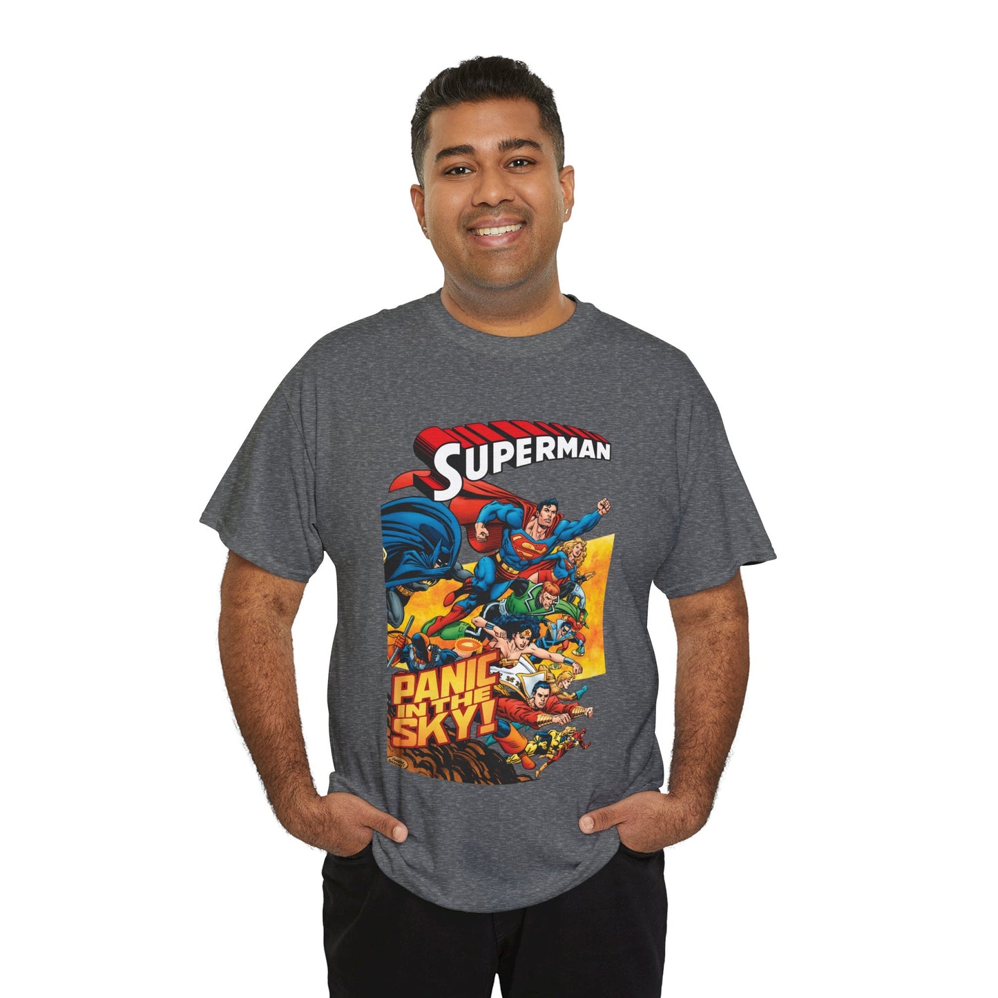 Superman - Panic in the Sky T-Shirt - Dan Jurgens Art - Vs Brainiac & Maxima - Wonder Woman, Booster Gold, Shazam, Batman, Flash, Aquaman, Supergirl - DC Comics