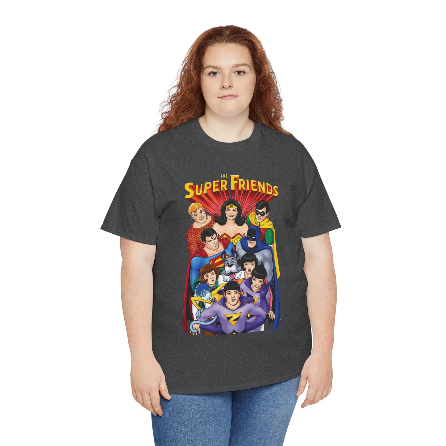 Super Friends T-Shirt - Kevin Maguire Art - Wonder Twins, Gleek, Superman, Wonder Woman Batman - DC Comics - Based on 1970s Hanna-Barbera Cartoon