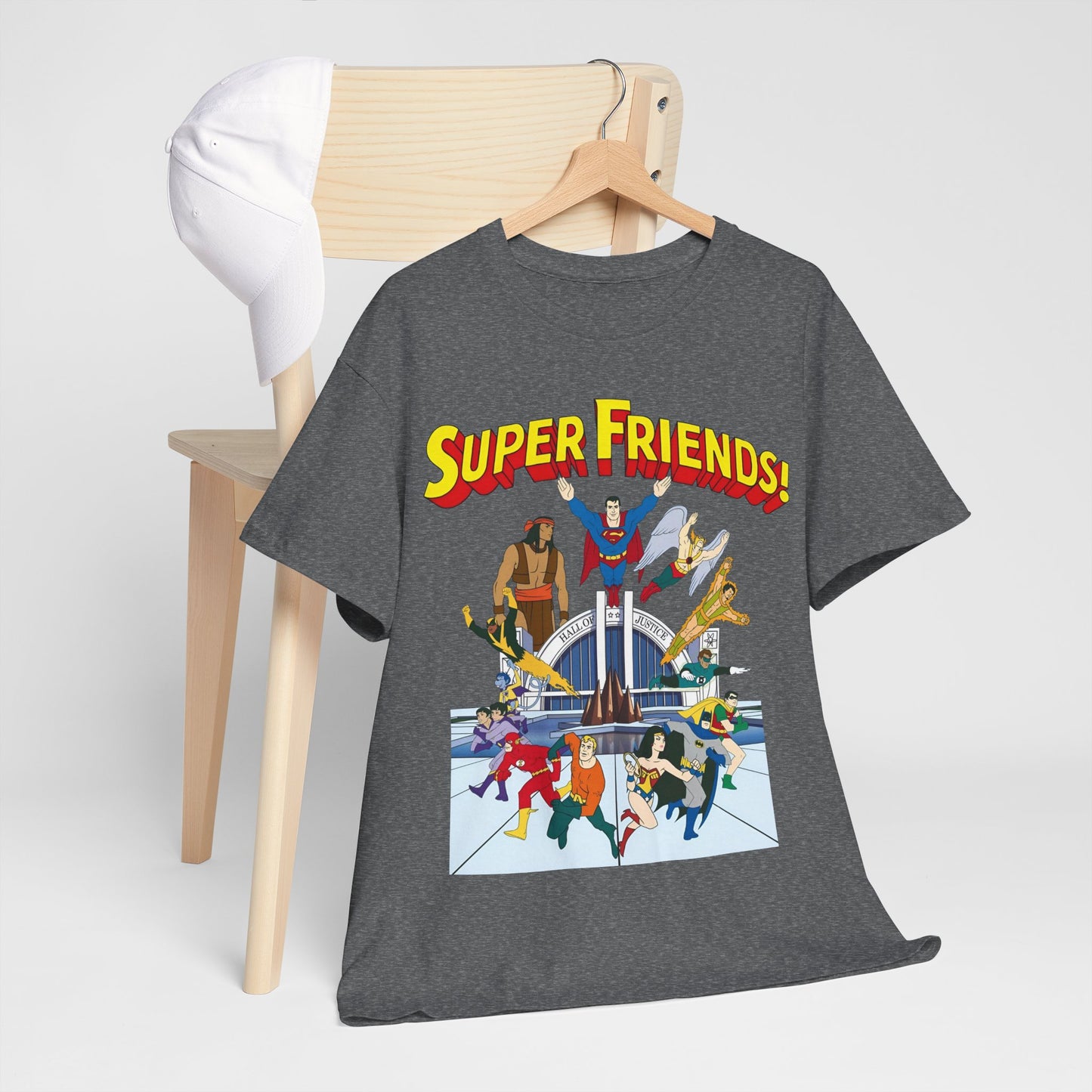 Super Friends T-Shirt - DC Hanna-Barbera - Superman, Wonder Woman, Black Vulcan, Batman, The Wonder Twins, Apache Chief, Hall of Justice
