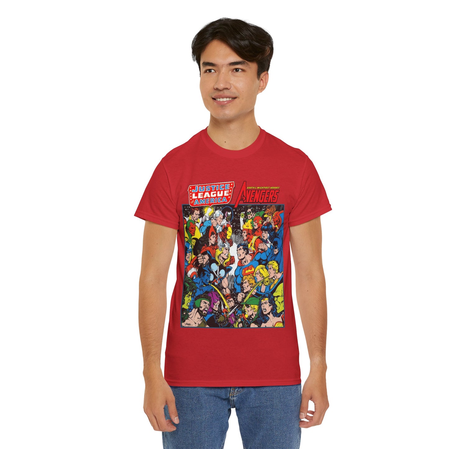 Justice League/Avengers T-Shirt - DC & Marvel Comics Art - George Perez - JLA - Batman, Captain America, Iron Man, Green Lantern