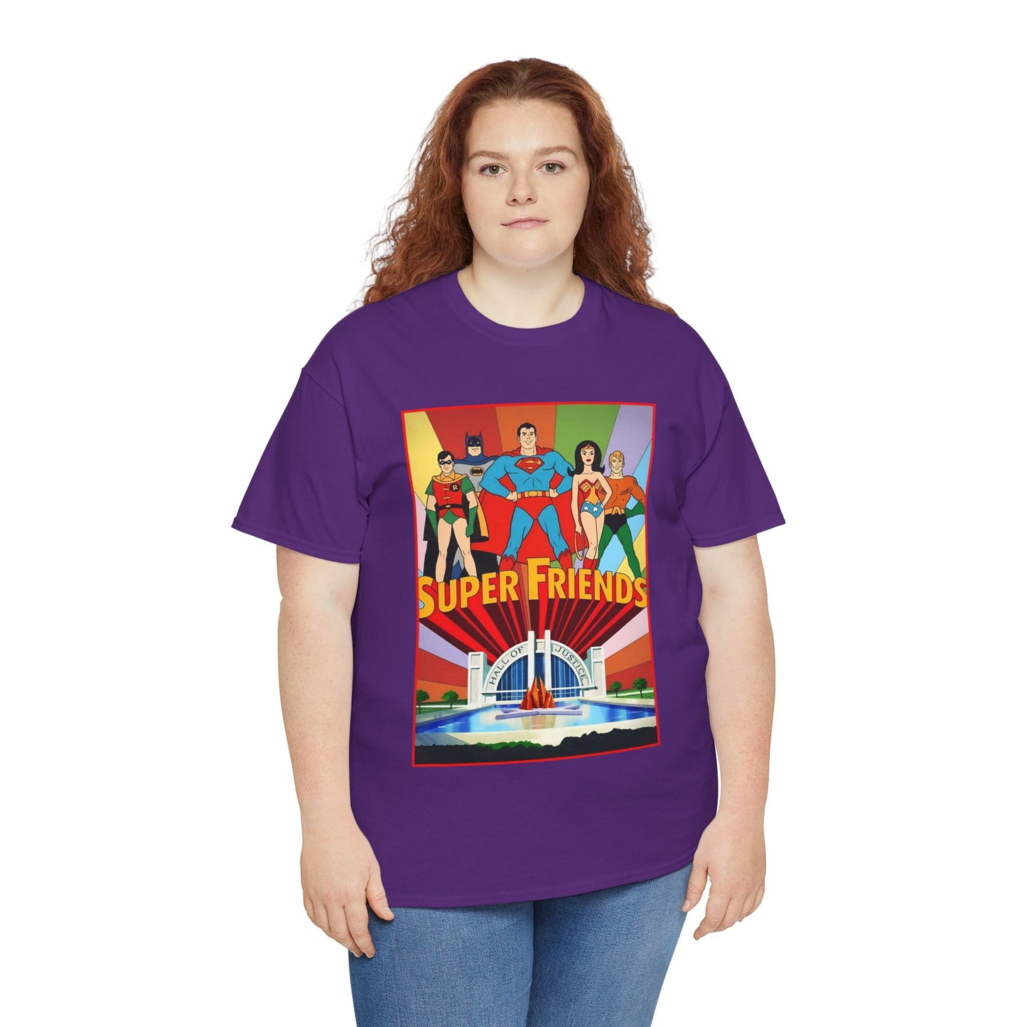 Super Friends T-Shirt - Batman, Superman, Wonder Woman, Robin - Hanna-Barbera Cartoon - DC Comics - Hall of Justice
