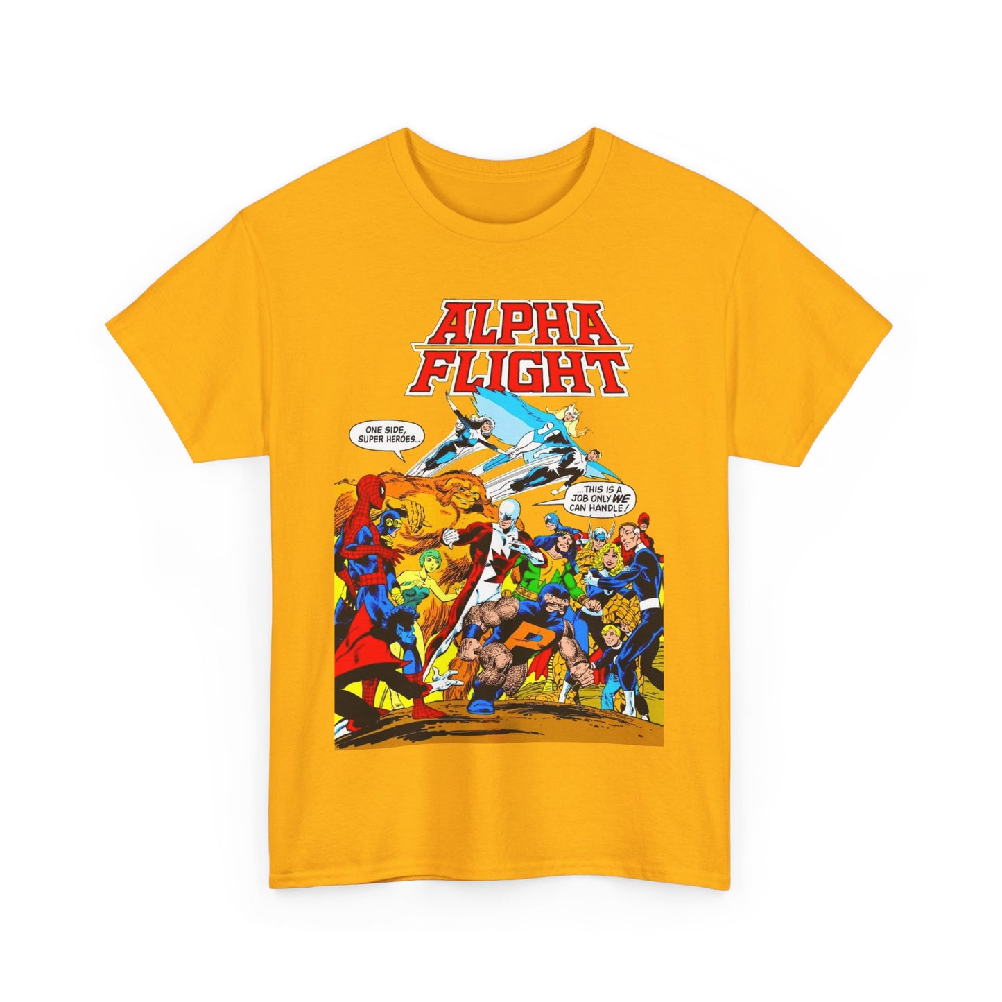 Alpha Flight T-Shirt - John Byrne Art - Sasquatch, Aurora, Northstar, Guardian, Puck, Shaman, Snowbird - Canada's Super Team - Marvel Comics