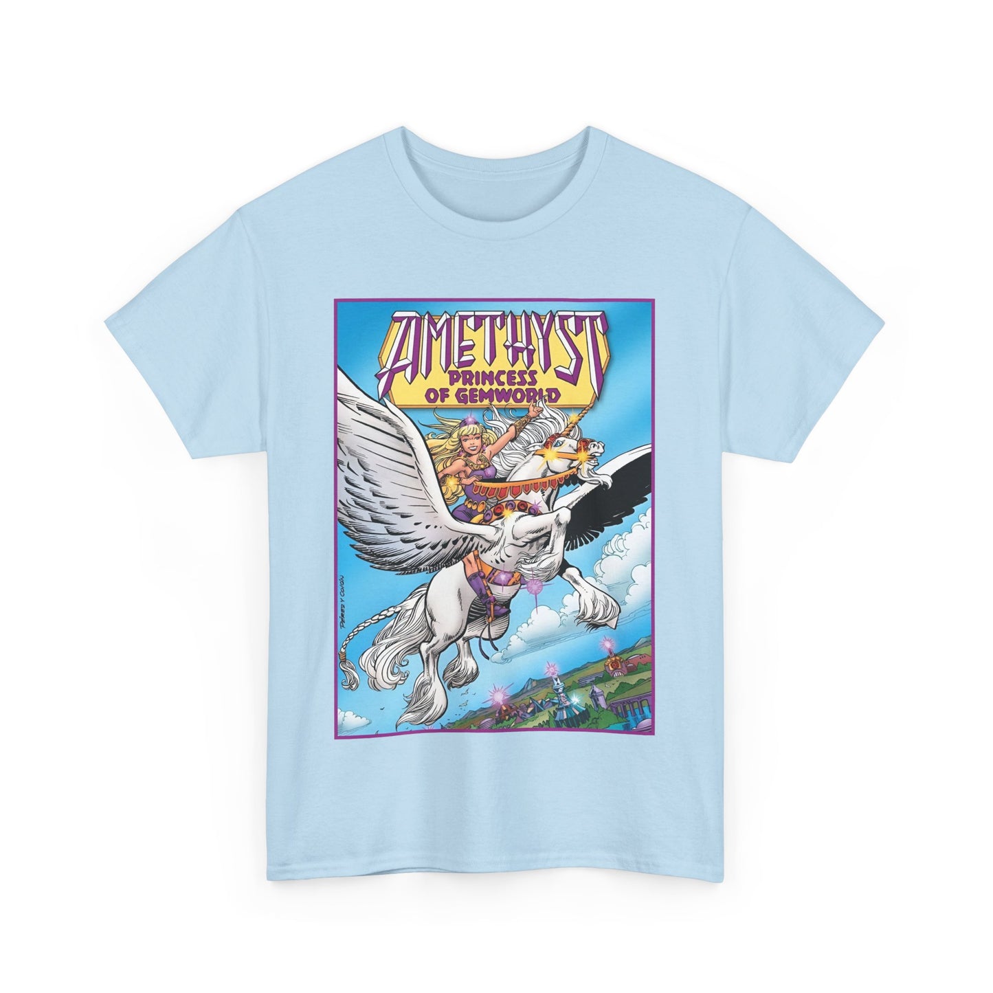 Amethyst Princess of Gemworld T-Shirt - George Perez Art - DC Comics 1980s Series - Riding a Unicorn