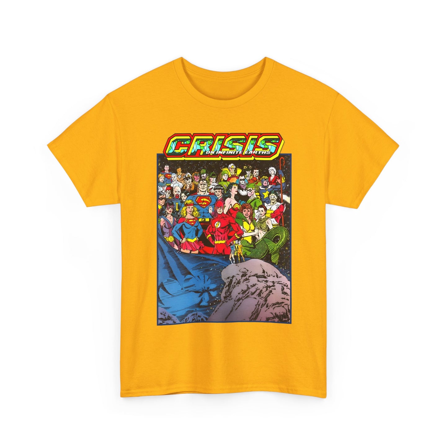 Crisis on Infinite Earths T-Shirt - George Perez Art - Supergirl, Flash, Huntress, Starman, Earth 3 Luthor, Lori Lemaris, Aquagirl, Earth 2 Robin - DC Comics
