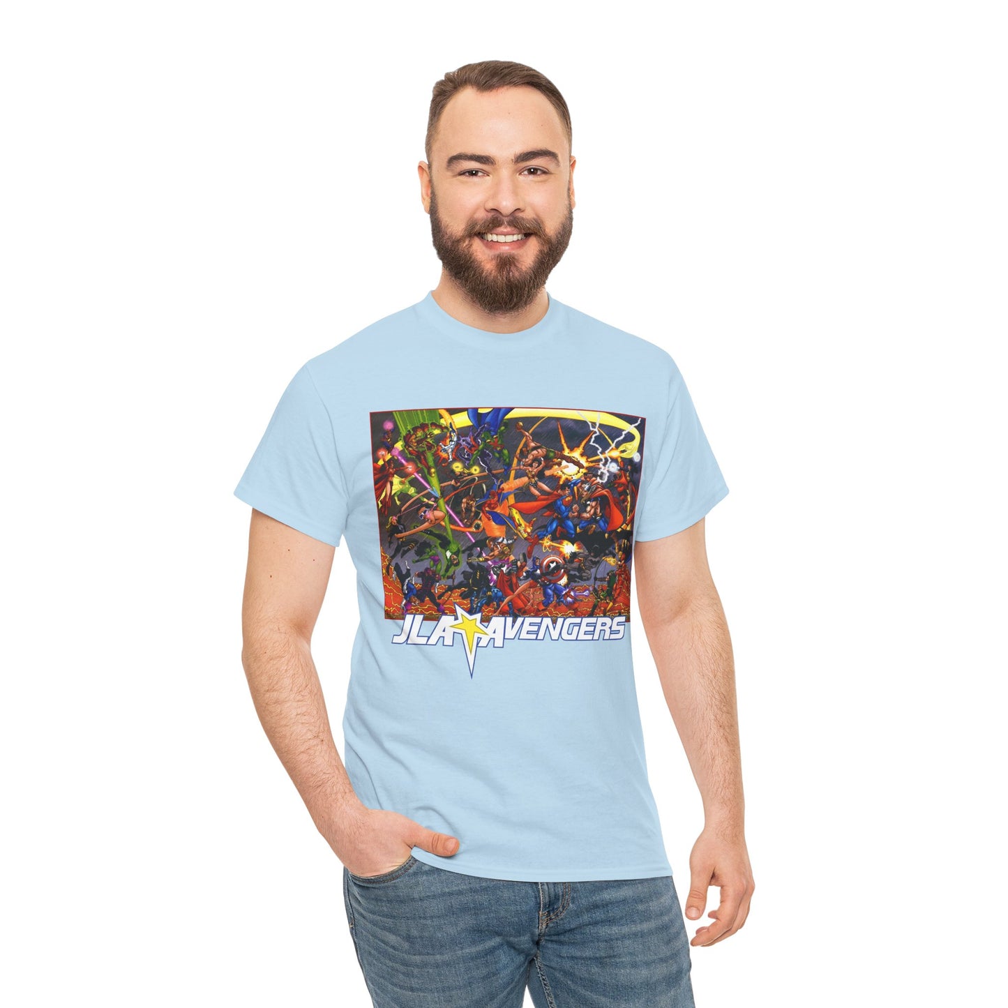 Avengers Vs JLA T-Shirt - Stunning George Perez Art - Marvel & DC Comics Crossover - Thor, Superman, Wonder Woman, Hercules, Iron Man, Batman, Black Canary, Scarlet Witch, Wonder Man, Martian Manhunter