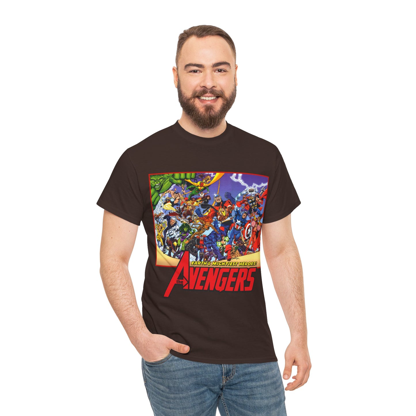 Avengers T-Shirt - George Perez Art - Marvel Comics - Captain America, Iron Man, Thor, She-Hulk, Hawkeye, Vision, Quicksilver - Classic Cover