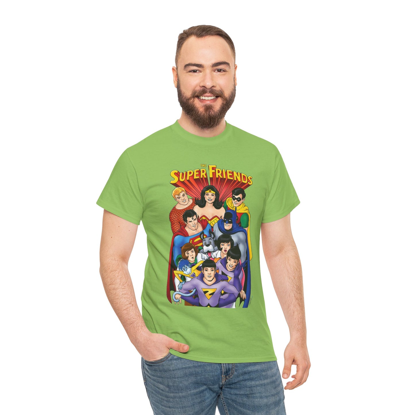 Super Friends T-Shirt - Kevin Maguire Art - Wonder Twins, Gleek, Superman, Wonder Woman Batman - DC Comics - Based on 1970s Hanna-Barbera Cartoon