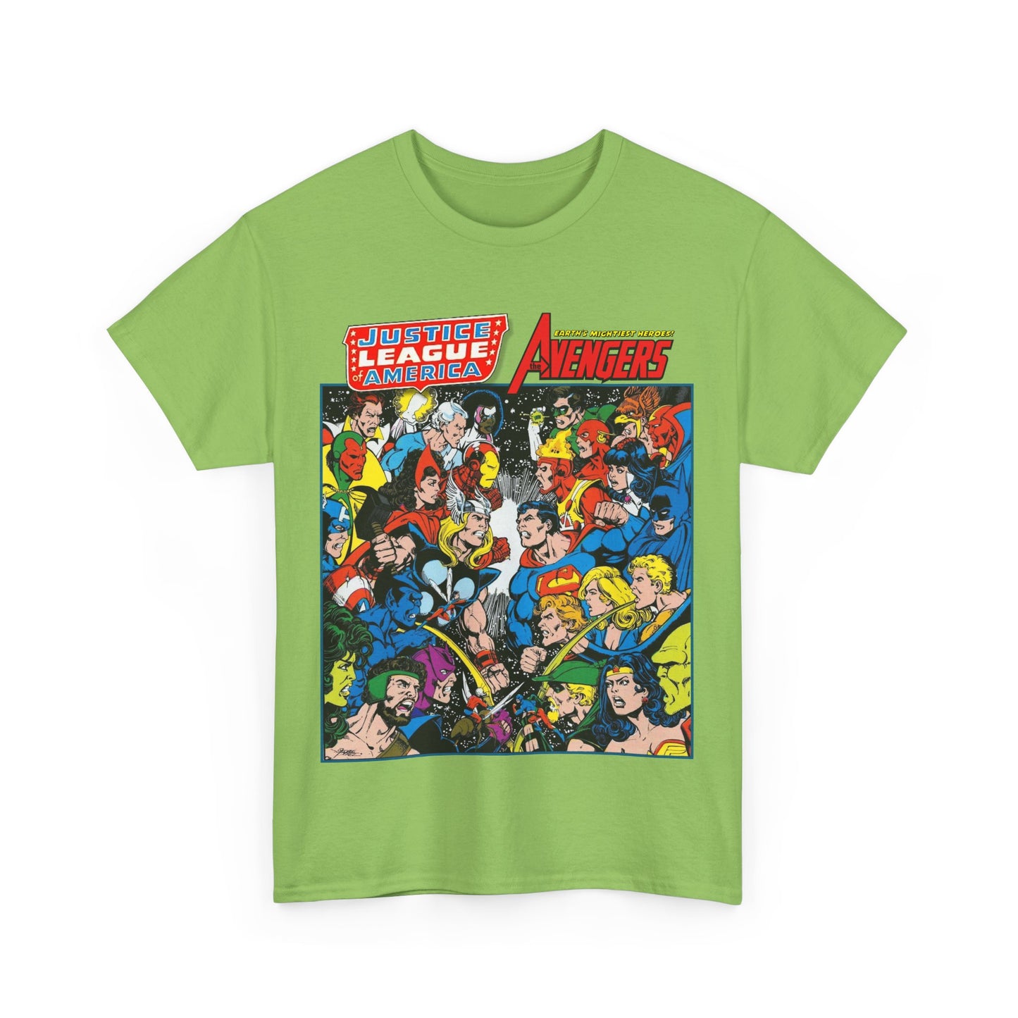 Justice League/Avengers T-Shirt - DC & Marvel Comics Art - George Perez - JLA - Batman, Captain America, Iron Man, Green Lantern