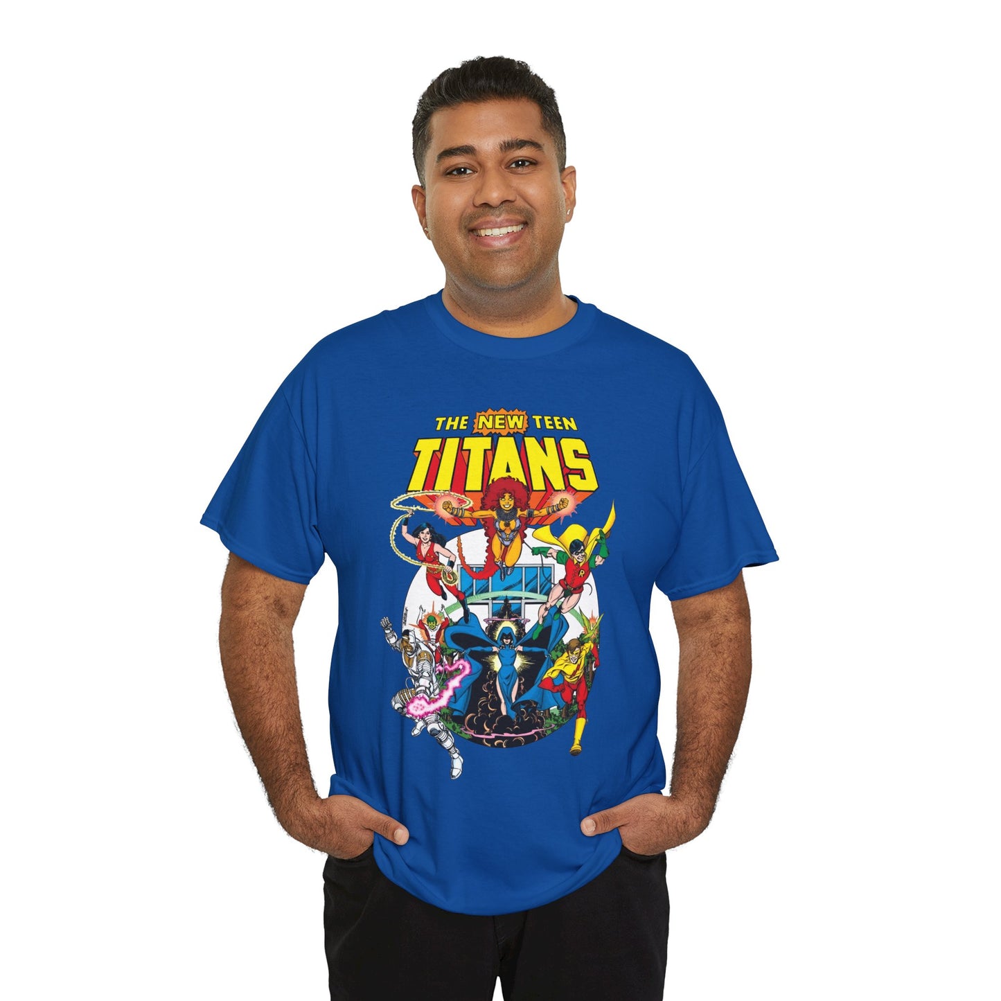 New Teen Titans T-Shirt - Classic George Perez Art - Cyborg, Raven, Starfire, Robin, Wonder Girl, Changeling, Kid Flash - Titans Tower - Popular DC Comics 1980s Series