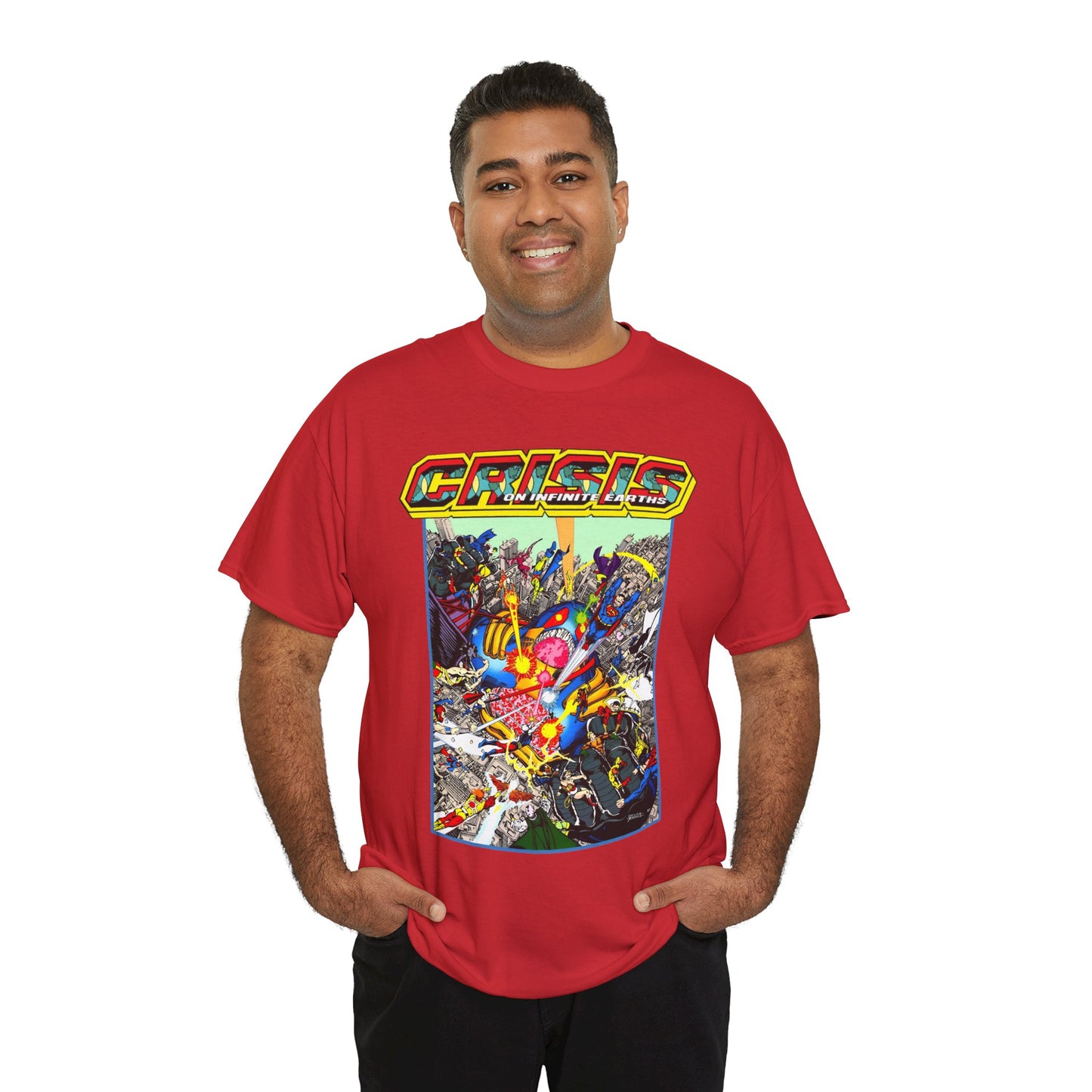 Crisis on Infinite Earths T-Shirt - George Perez Art - Superman, Firestorm, Captain Atom, Wonder Woman, Martian Manhunter Vs The Anti-Monitor - #12 Cover - DC Comics