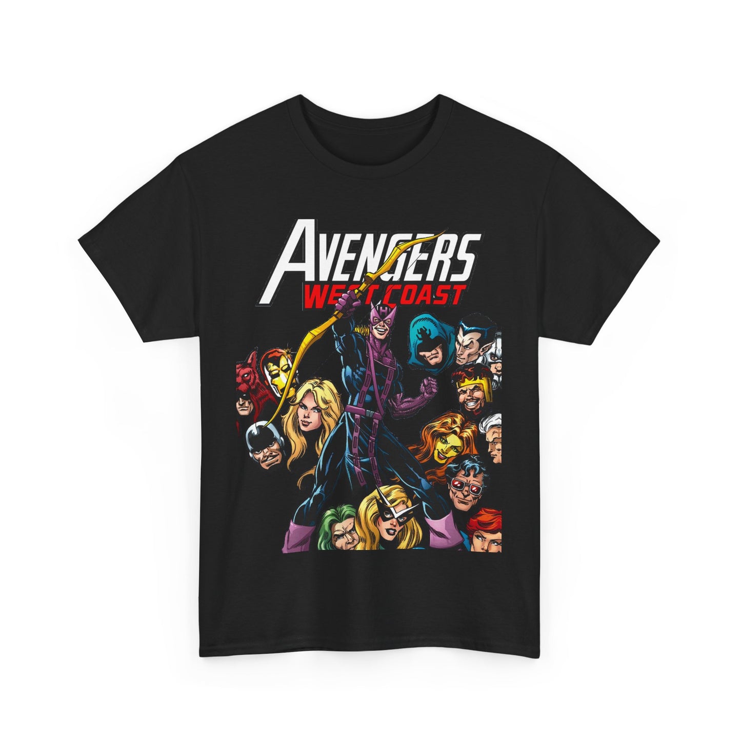 Avengers West Coast T-Shirt - Bob Hall Art - Hawkeye, Iron Man, Wonder Man, Tigra, Mockingbird - Marvel Comics Team