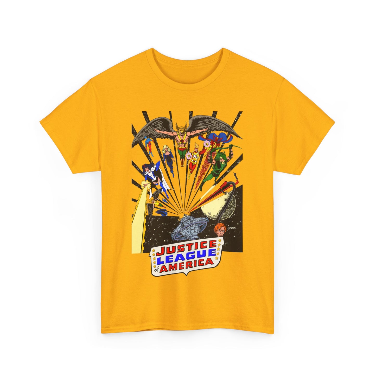 Justice League of America T-Shirt - George Perez Art - Bronze Age Satellite Era - DC Comics - Hawkman, Zatanna, Atom, Firestorm, Elongated Man, Green Arrow