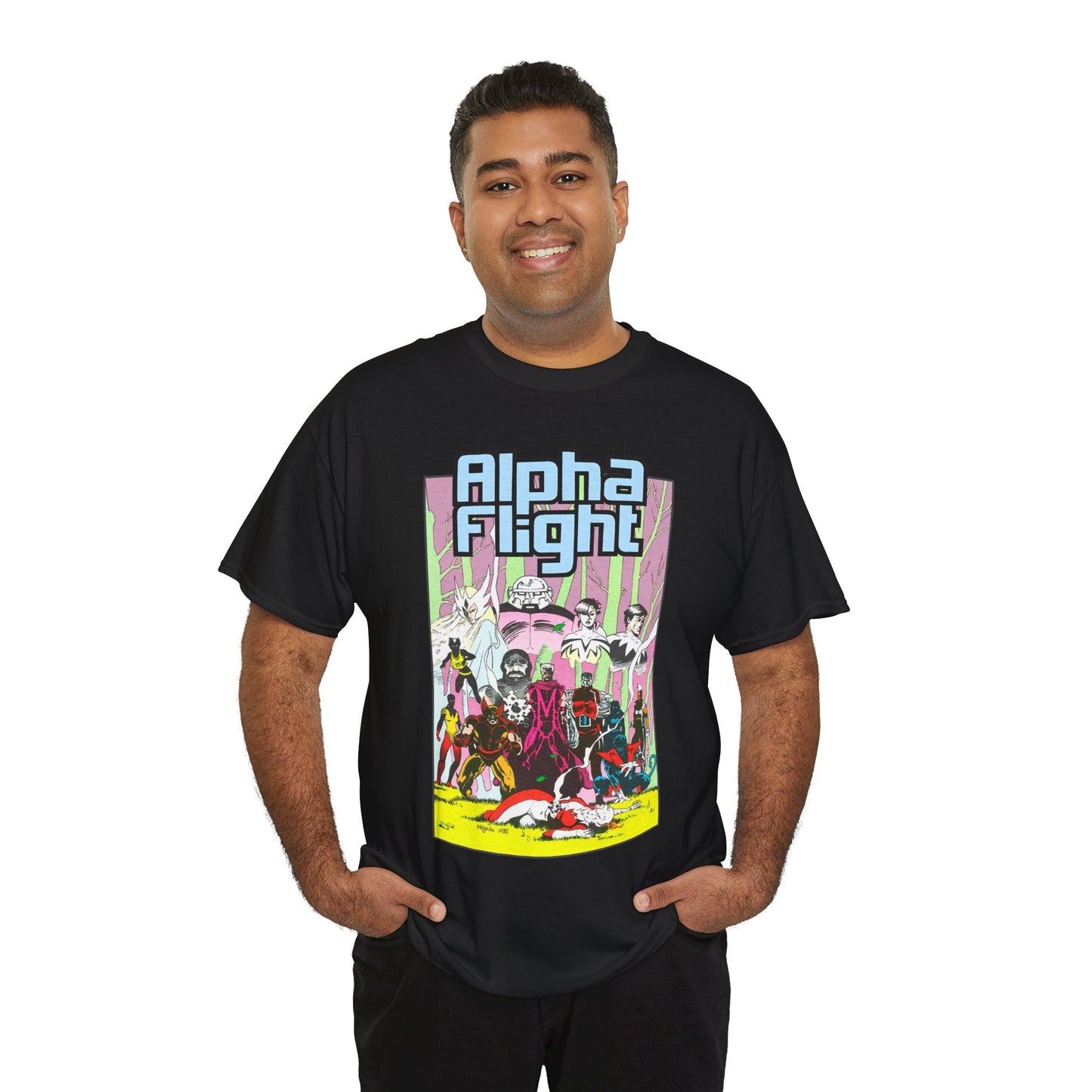 Alpha Flight T-Shirt - Mike Mignola Art - Northstar, Aurora, Snowbird, Shaman, Puck - X-Men: Magneto, Colossus, Shadowcat, Storm - Marvel Comics