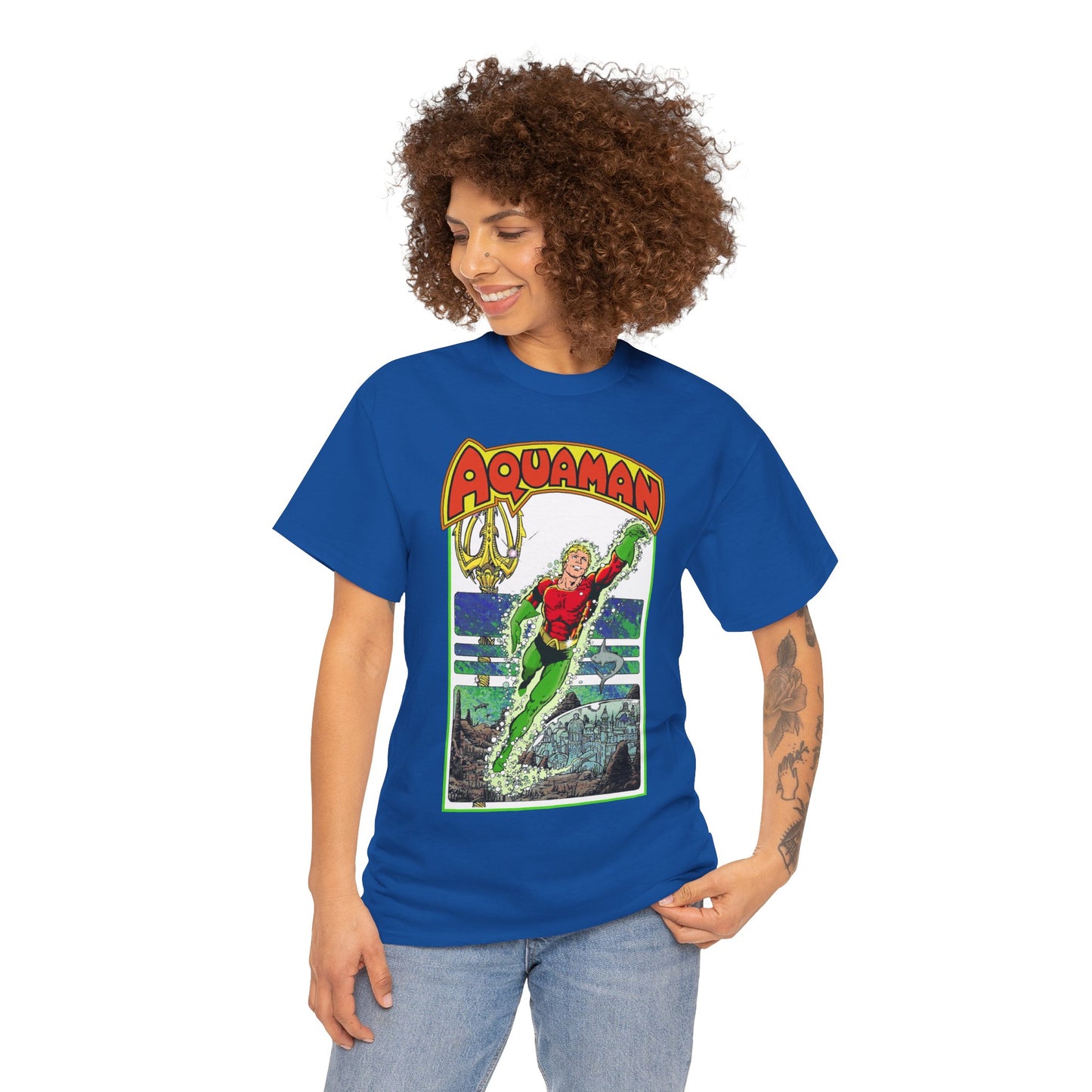 Aquaman T-Shirt - George Perez Art -Justice League 1980s Postcard Series - Arthur Curry - King of Atlantis - JLA - DC Comics