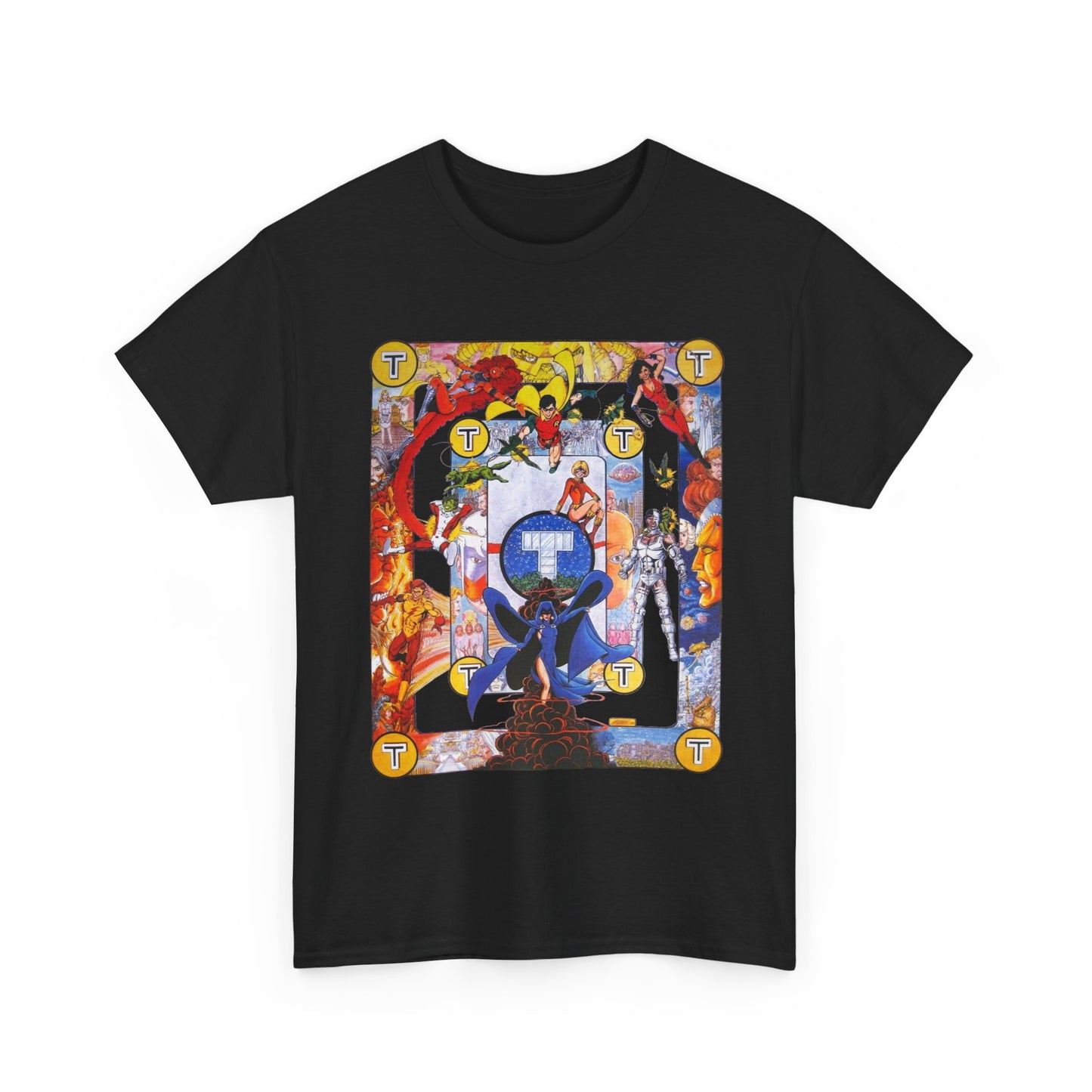 New Teen Titans Poster T-Shirt - George Perez Art - Cyborg, Raven, Robin, Terra, Wonder Girl, Changeling, Kid Flash, Deathstroke, Blackfire - DC Comics