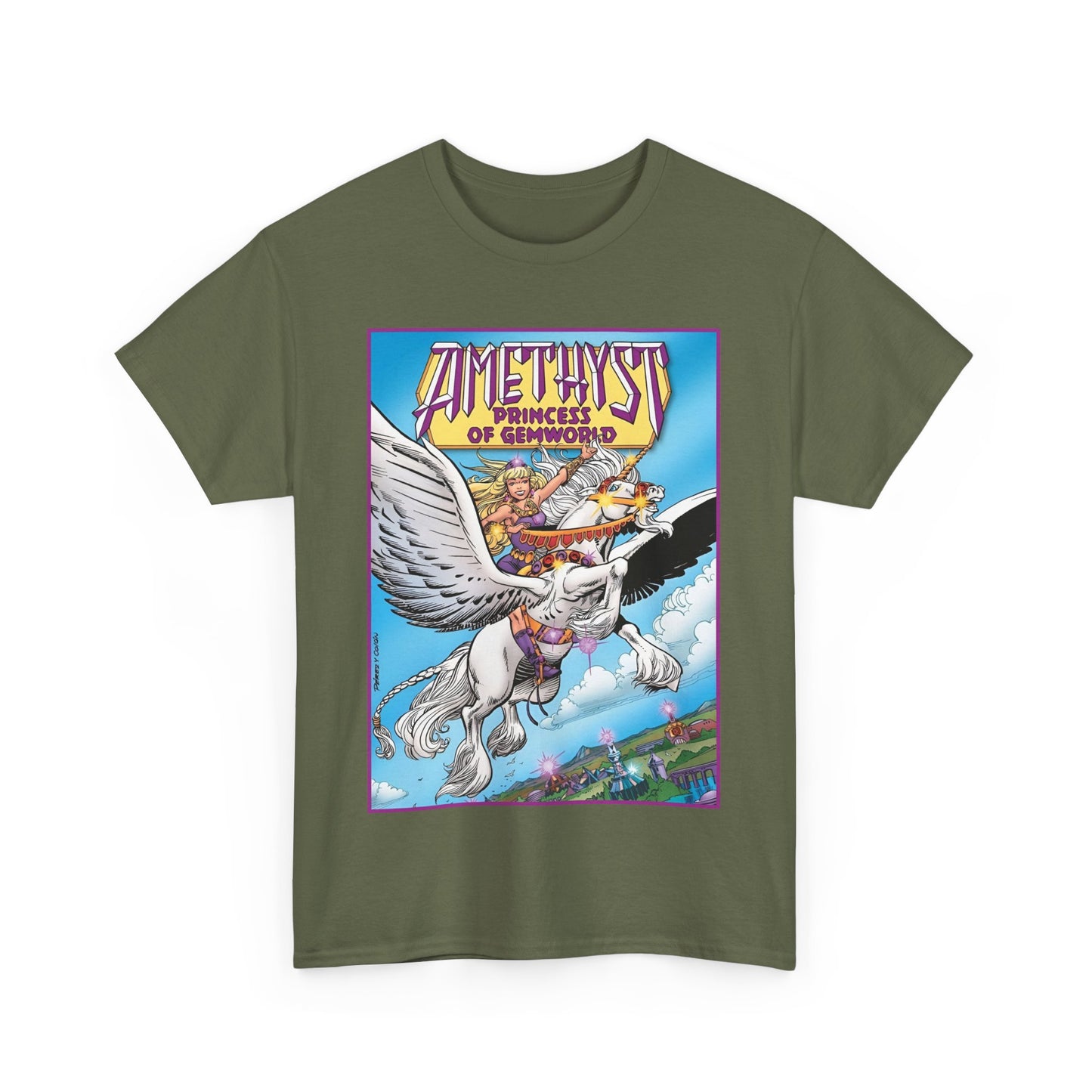 Amethyst Princess of Gemworld T-Shirt - George Perez Art - DC Comics 1980s Series - Riding a Unicorn