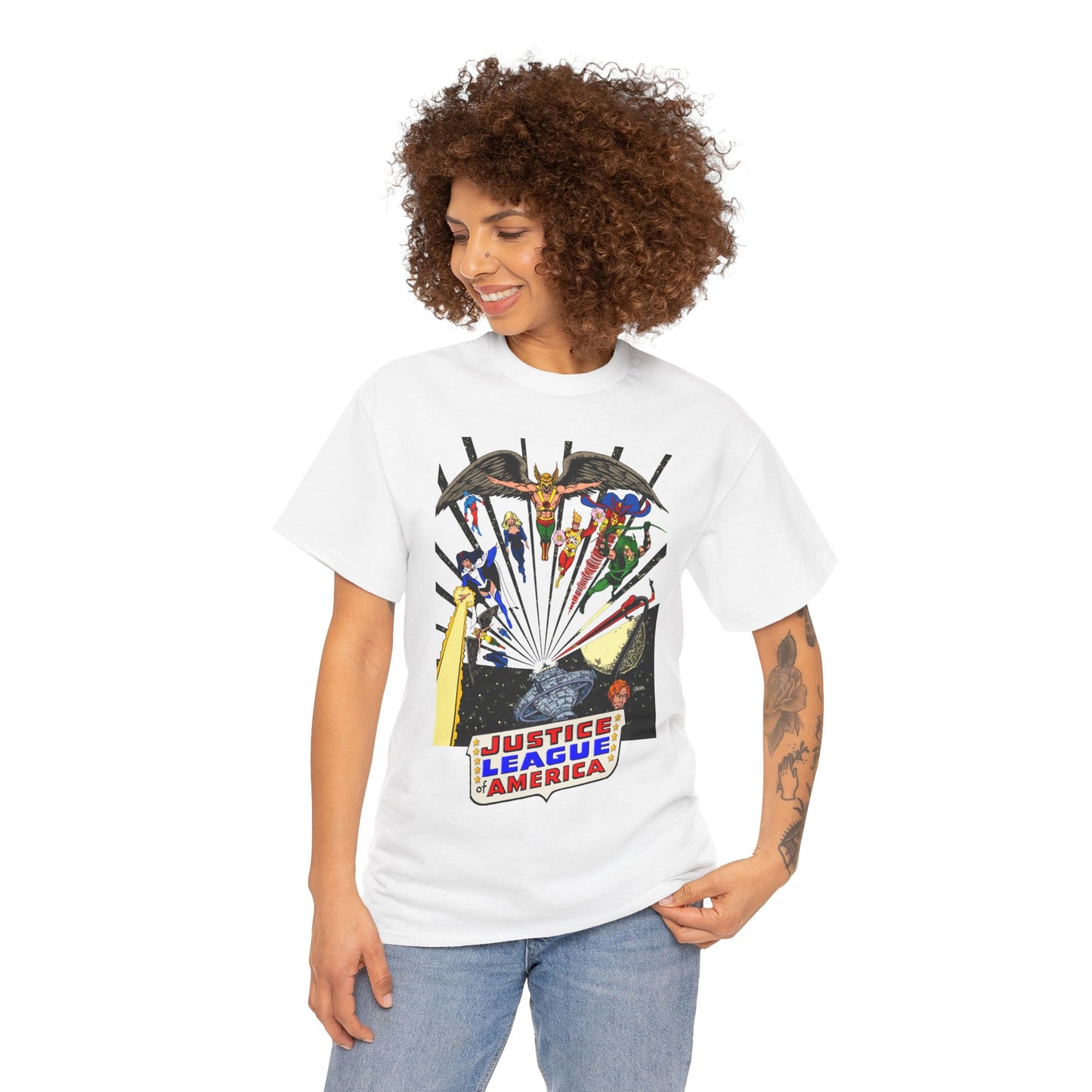 Justice League of America T-Shirt - George Perez Art - Bronze Age Satellite Era - DC Comics - Hawkman, Zatanna, Atom, Firestorm, Elongated Man, Green Arrow