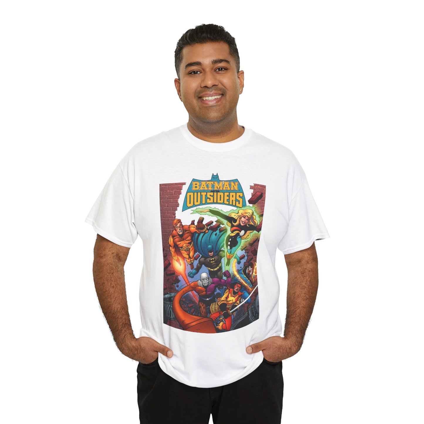 Batman & the Outsiders T-Shirt - Jim Aparo Art - Metamorpho, Katana, Halo, Black Lightning, Geo-Force - DC Comics