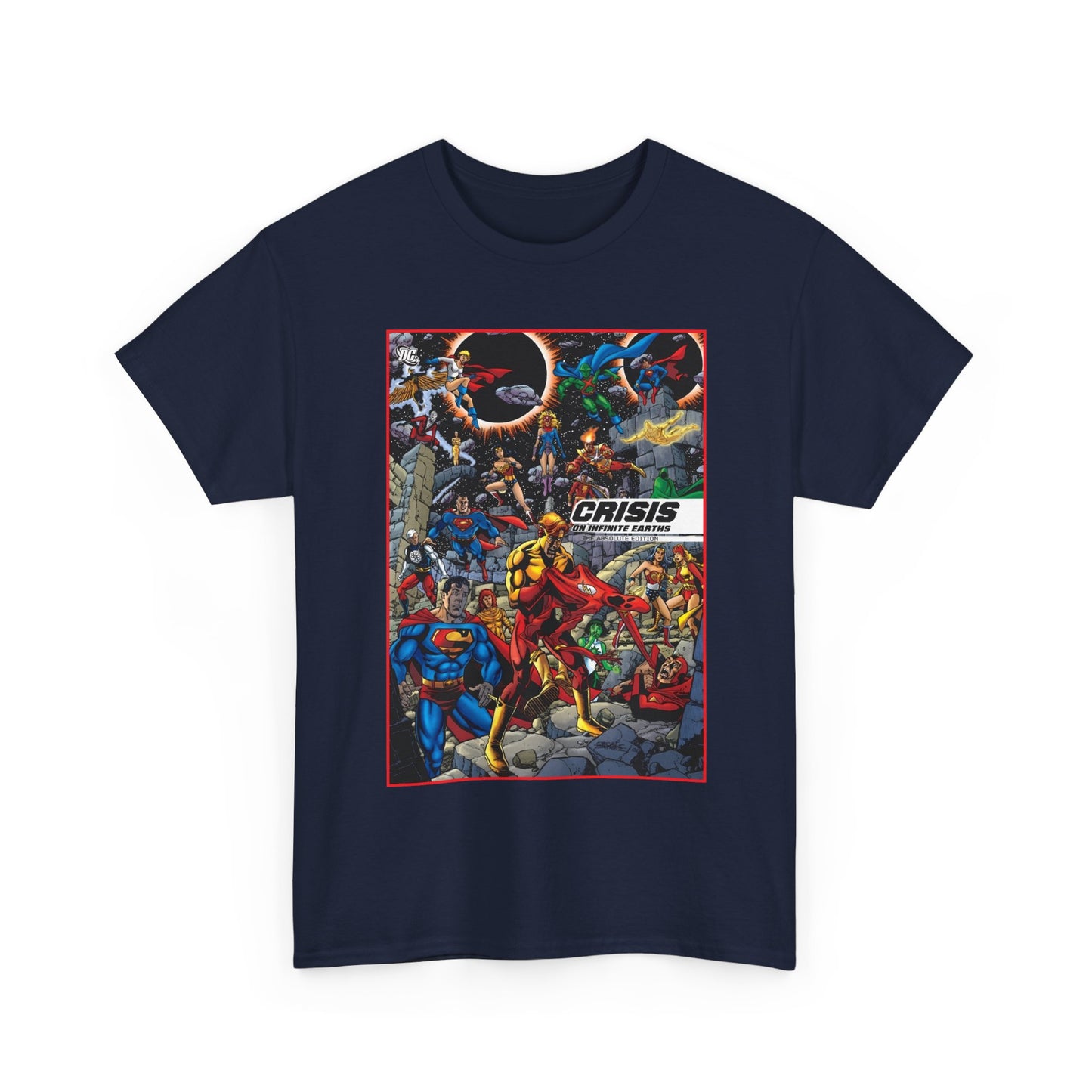 Crisis on Infinite Earths T-Shirt - George Perez Art - Absolute Edition Cover - Flash, Supergirl, Wonder Woman, Kid Flash, Psycho Pirate, Harbinger - DC Comics