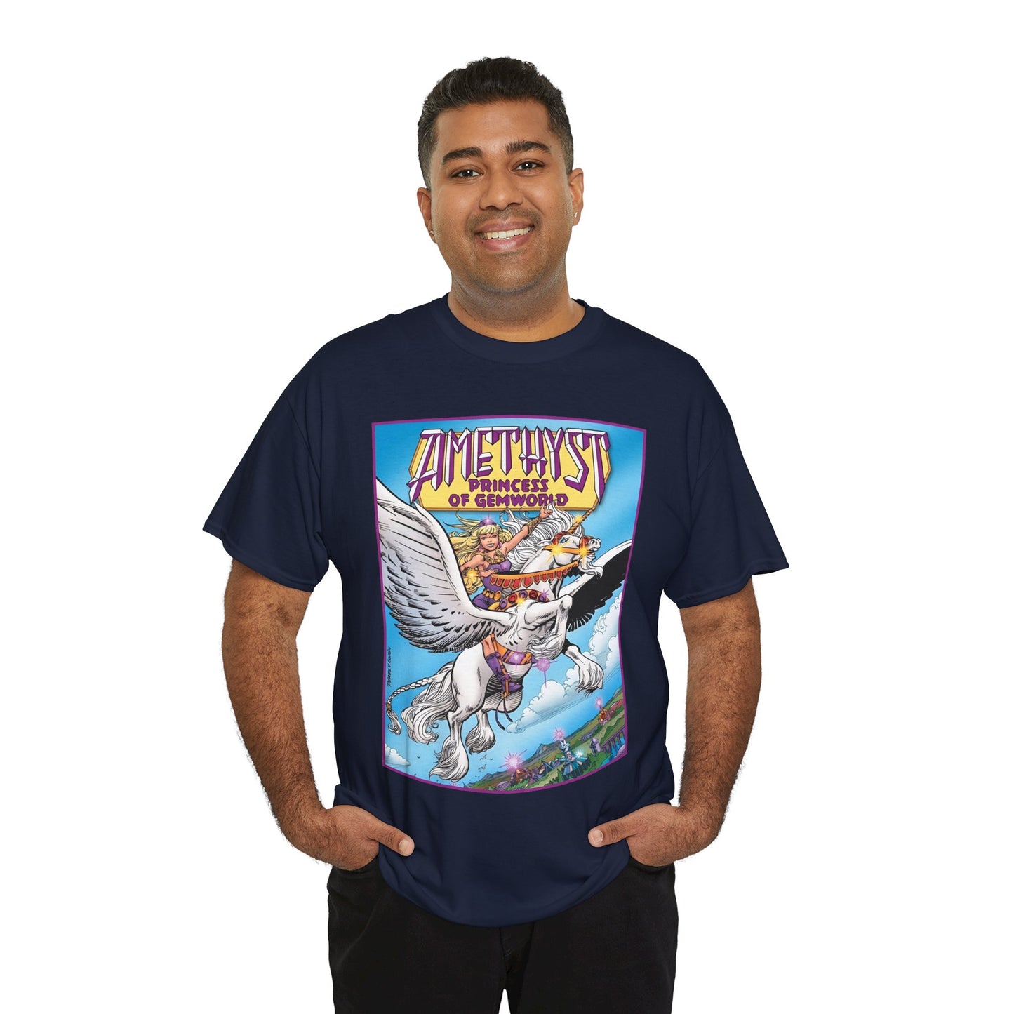 Amethyst Princess of Gemworld T-Shirt - George Perez Art - DC Comics 1980s Series - Riding a Unicorn
