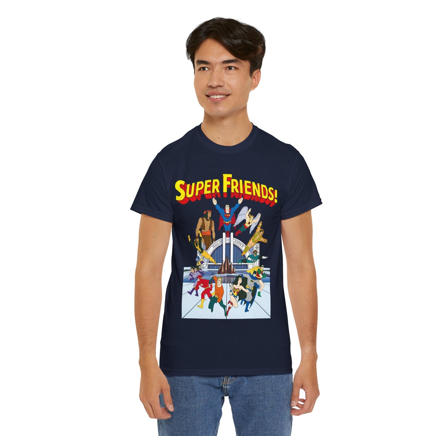 Super Friends T-Shirt - DC Hanna-Barbera - Superman, Wonder Woman, Black Vulcan, Batman, The Wonder Twins, Apache Chief, Hall of Justice