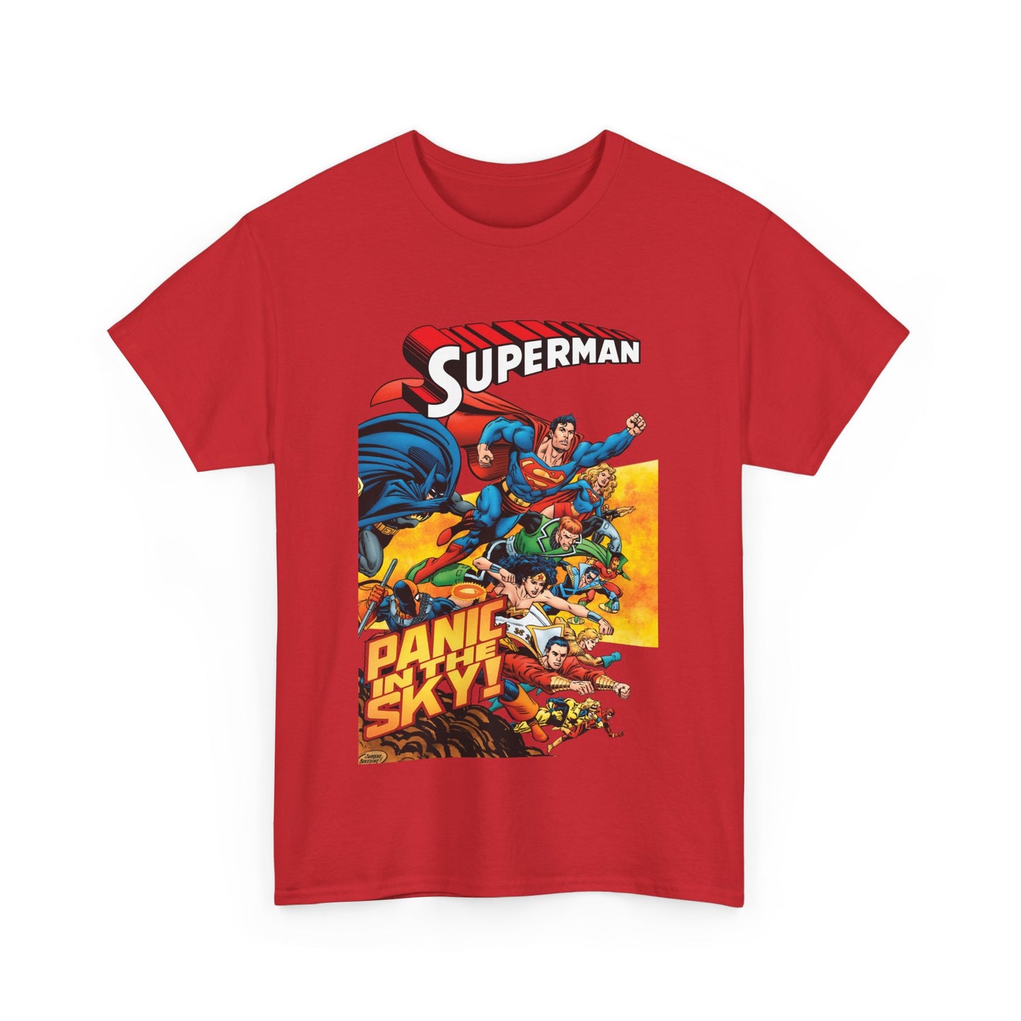 Superman - Panic in the Sky T-Shirt - Dan Jurgens Art - Vs Brainiac & Maxima - Wonder Woman, Booster Gold, Shazam, Batman, Flash, Aquaman, Supergirl - DC Comics