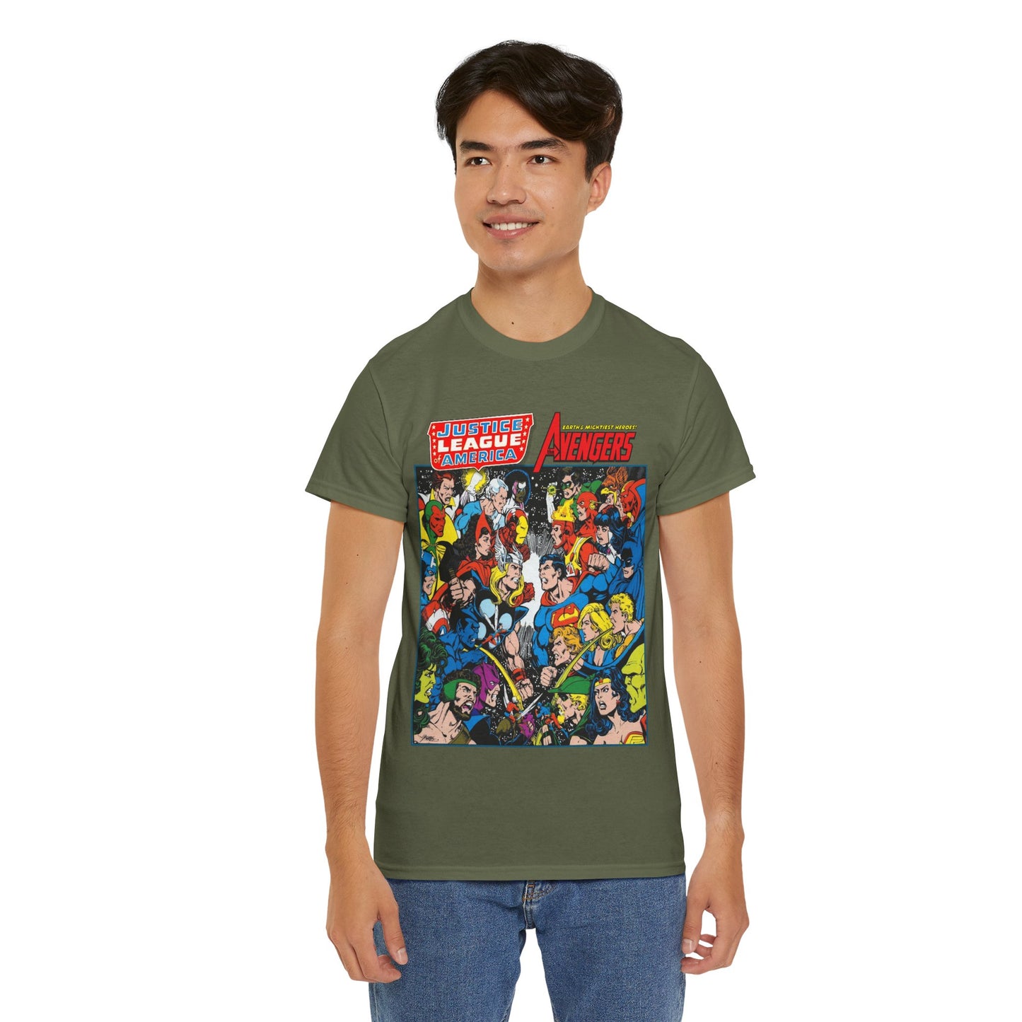 Justice League/Avengers T-Shirt - DC & Marvel Comics Art - George Perez - JLA - Batman, Captain America, Iron Man, Green Lantern