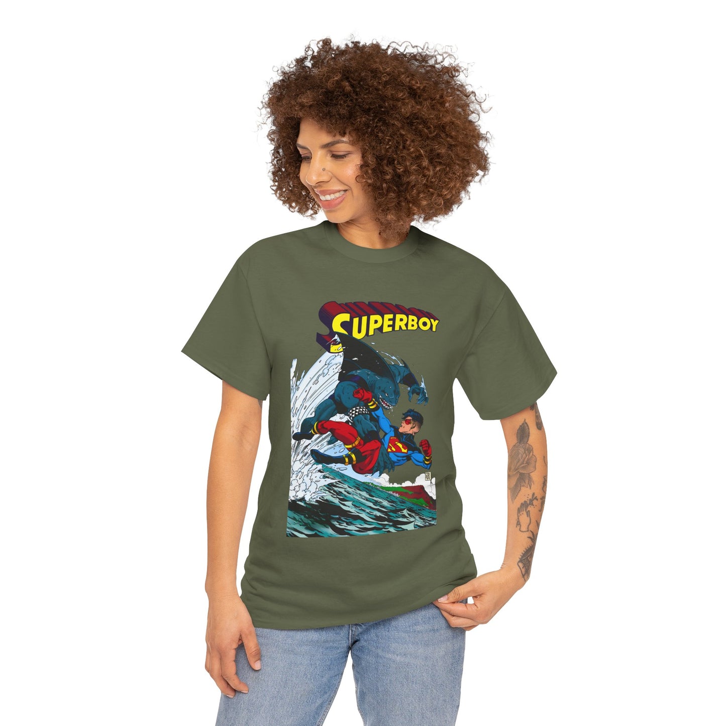 King Shark Vs Superboy T-Shirt - Tom Grummett Art - Connor Kent, Kon-L - Superman Family - DC Comics