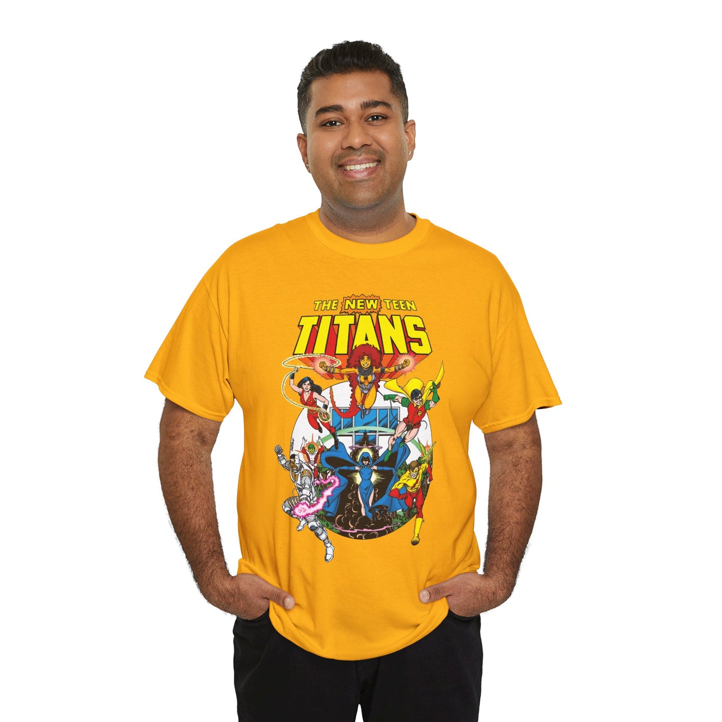 New Teen Titans T-Shirt - Classic George Perez Art - Cyborg, Raven, Starfire, Robin, Wonder Girl, Changeling, Kid Flash - Titans Tower - Popular DC Comics 1980s Series