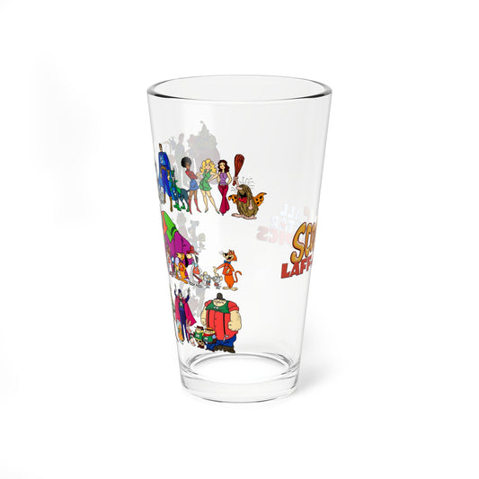 Scooby's All-Star Laff-A-Lympics Pint Glass, 16oz - 1970s Hanna-Barbera Cartoon - Speed Buggy, Yogi Bear, Grape Ape, Wally Gator, Huckleberry Hound, Captain Caveman