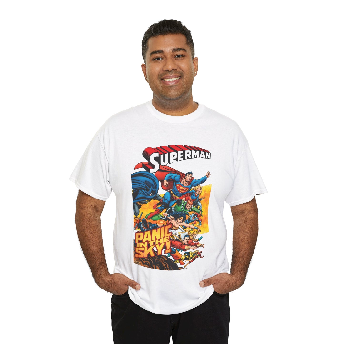 Superman - Panic in the Sky T-Shirt - Dan Jurgens Art - Vs Brainiac & Maxima - Wonder Woman, Booster Gold, Shazam, Batman, Flash, Aquaman, Supergirl - DC Comics